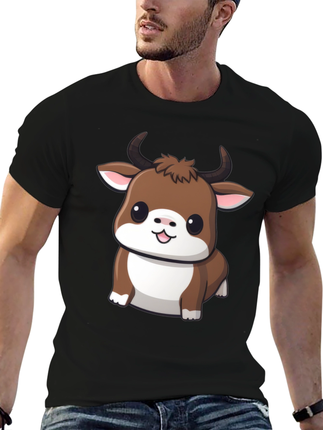 Cute Bull Cartoon Black T-Shirt