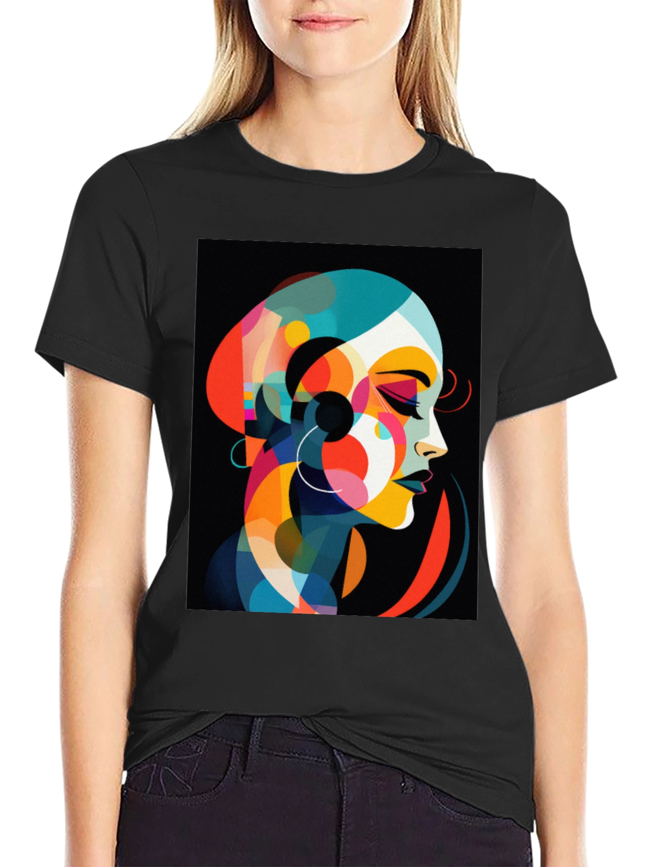 Abstract Woman Graphic Tee - Stylish Black T-Shirt
