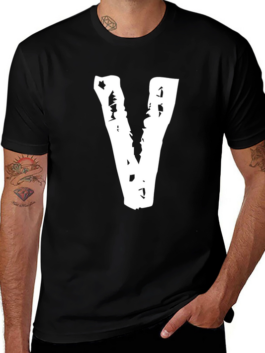 Black Tee with Distressed White V