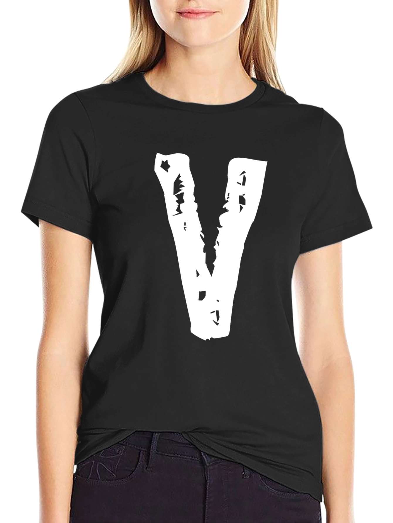 Black Tee with Distressed White V