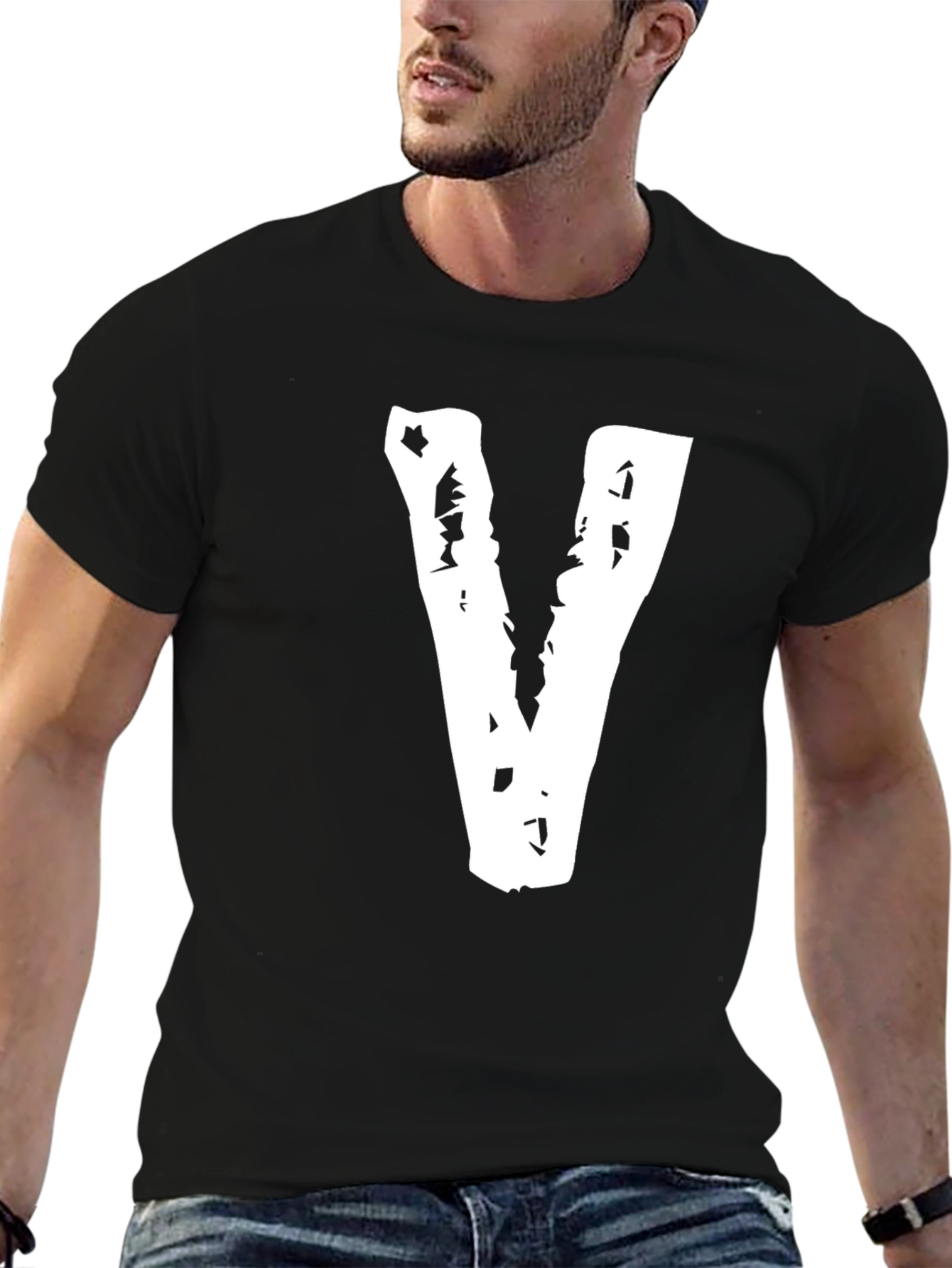 Black Tee with Distressed White V