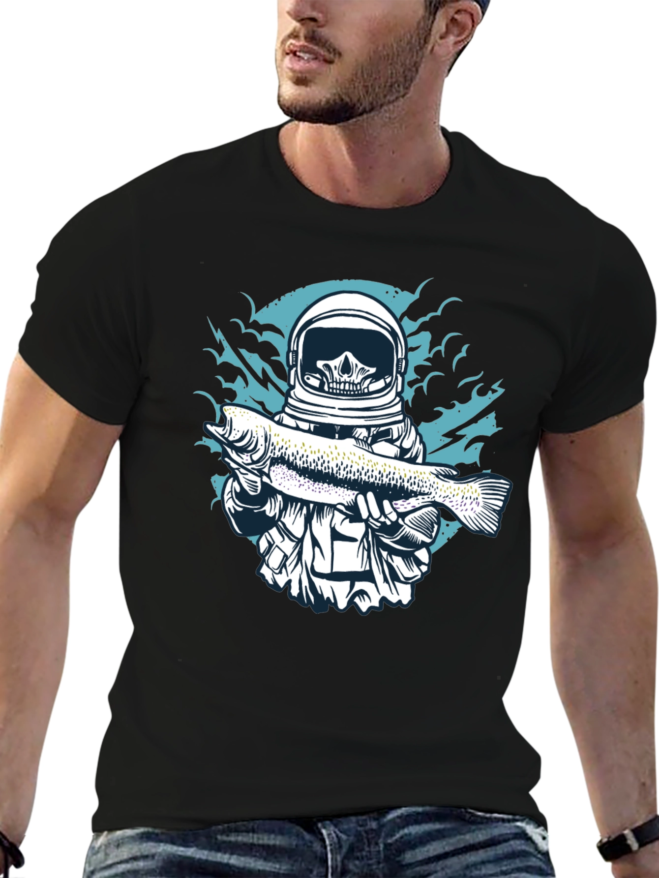 Skull Astronaut Holding Fish Graphic T-Shirt