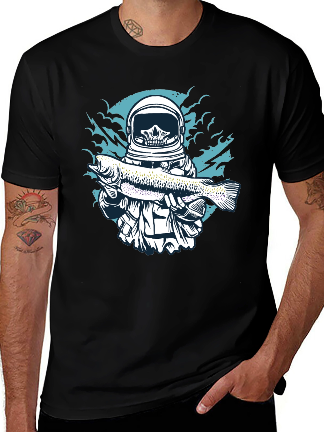 Skull Astronaut Holding Fish Graphic T-Shirt