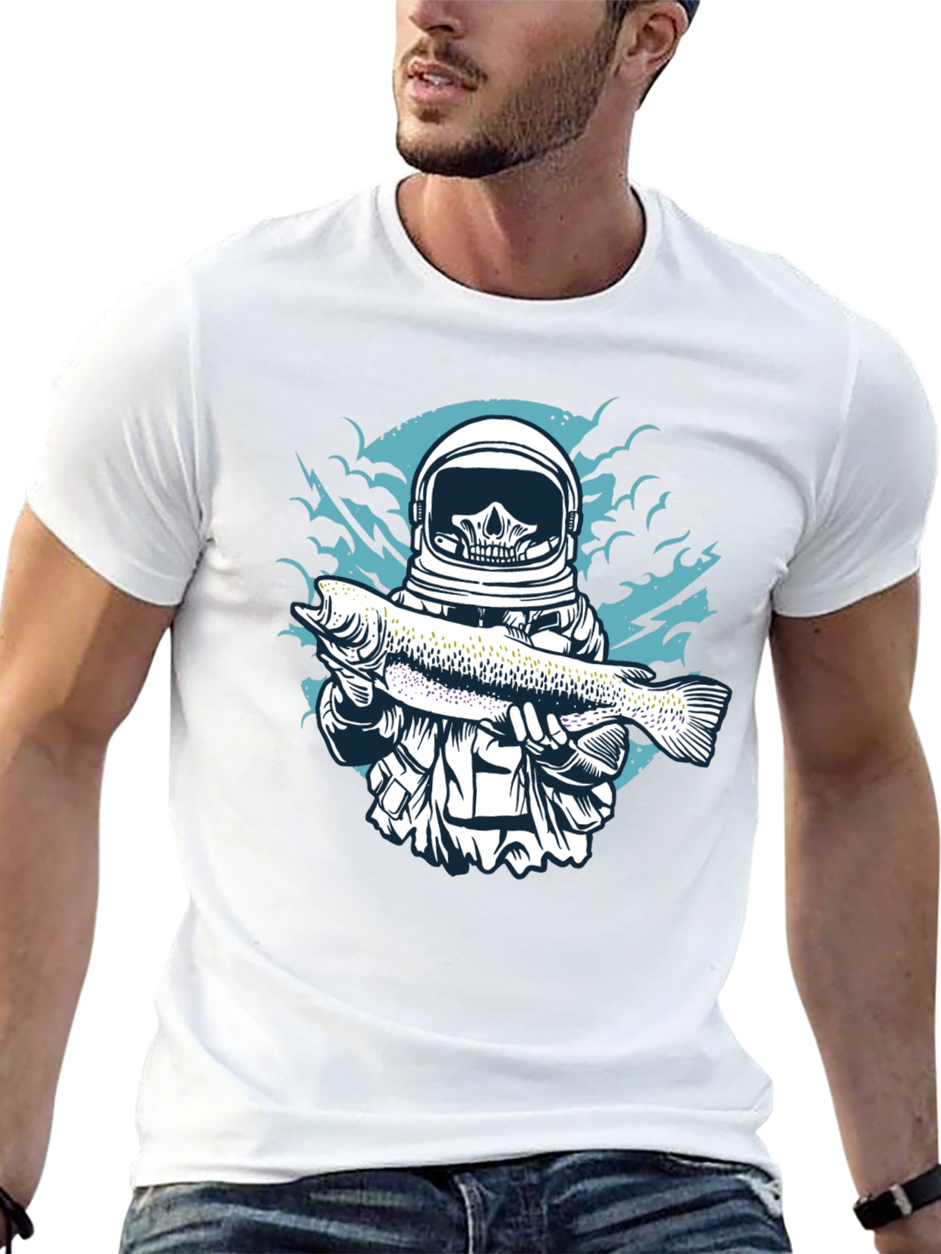 Skull Astronaut Holding Fish Graphic T-Shirt