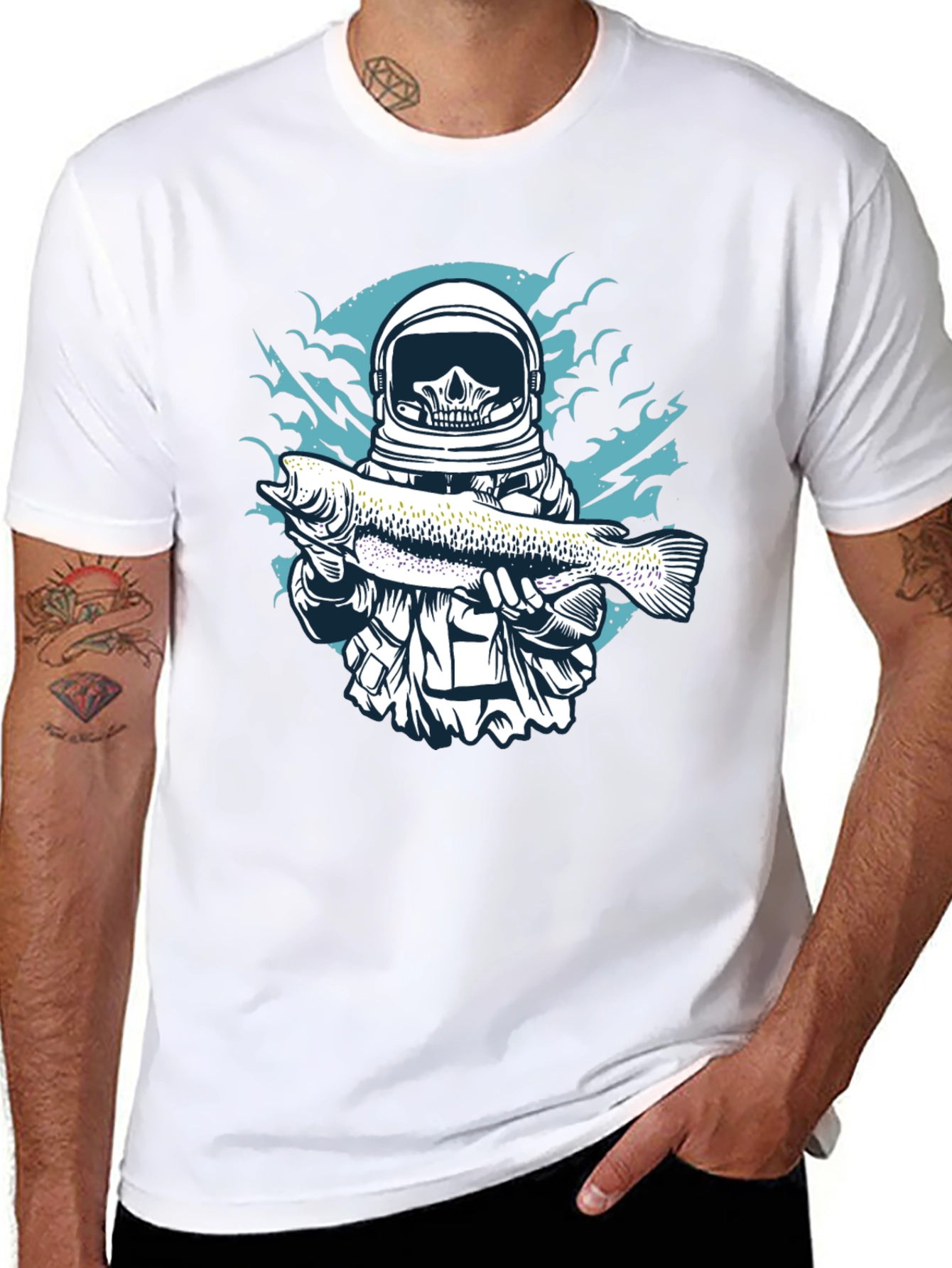 Skull Astronaut Holding Fish Graphic T-Shirt