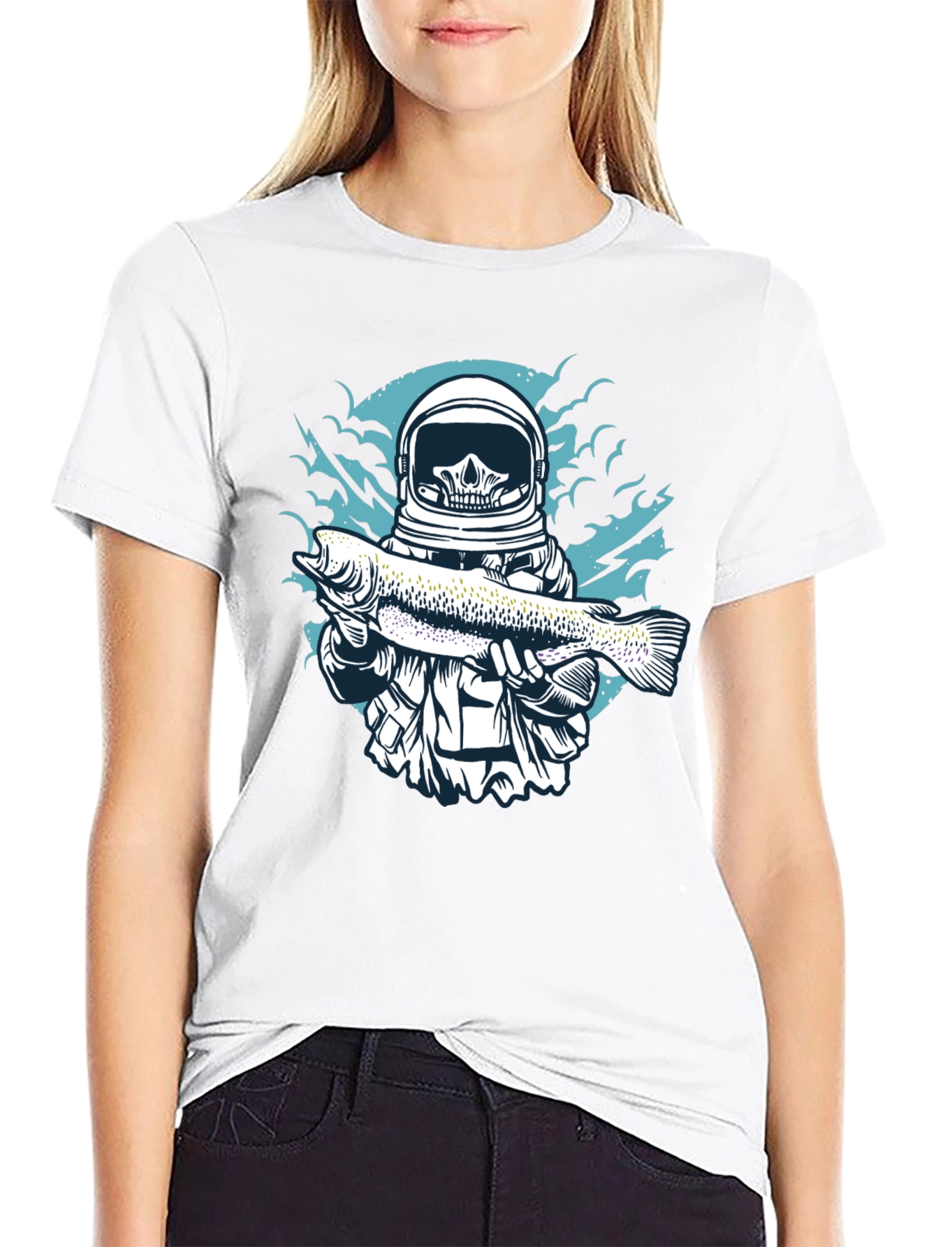 Skull Astronaut Holding Fish Graphic T-Shirt