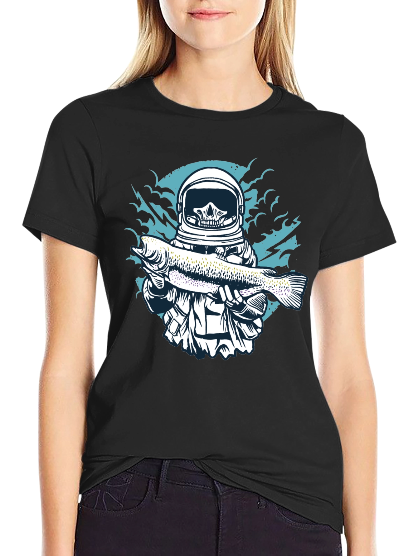 Skull Astronaut Holding Fish Graphic T-Shirt