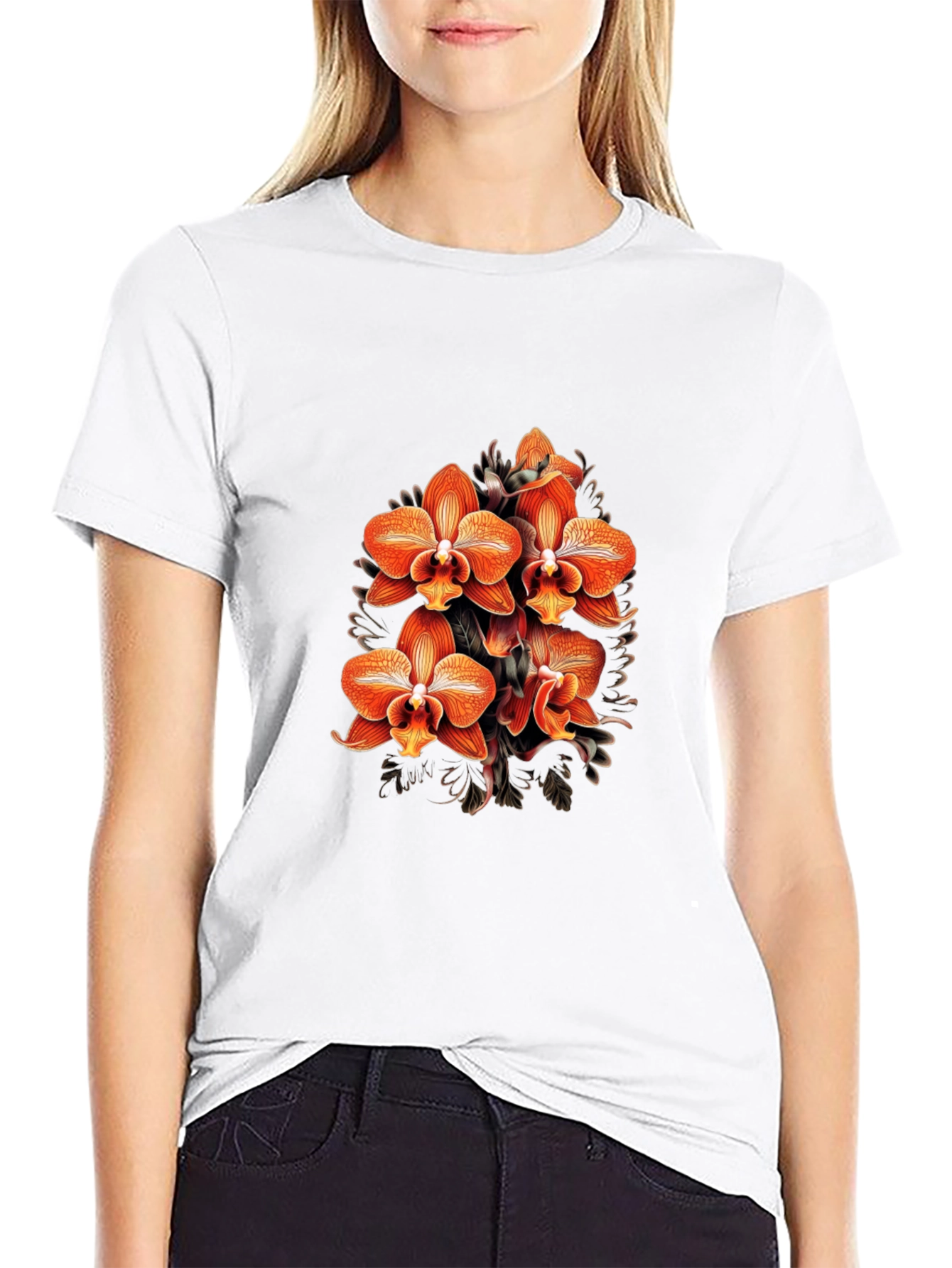 Floral Orchid Graphic Black T-Shirt