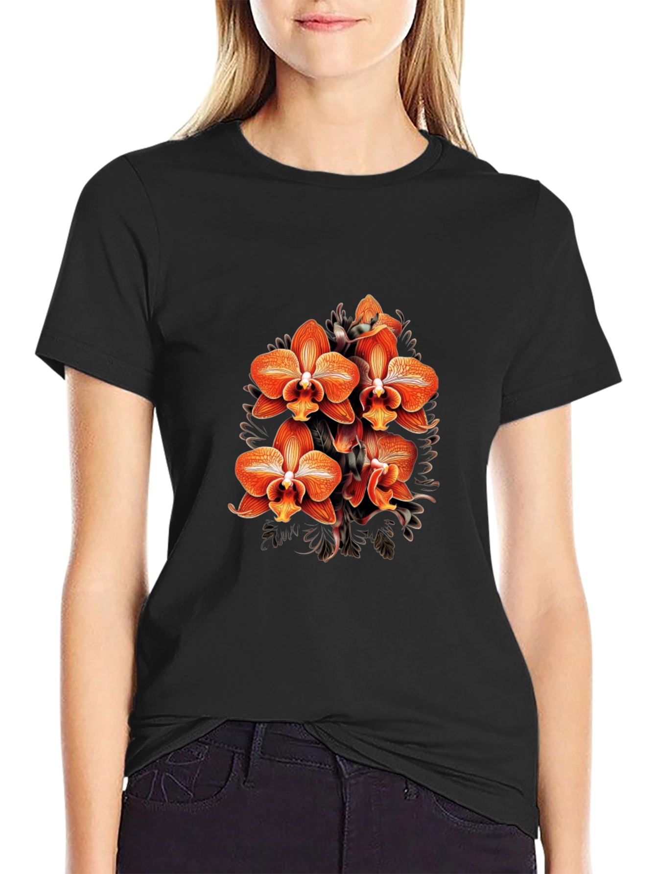 Floral Orchid Graphic Black T-Shirt