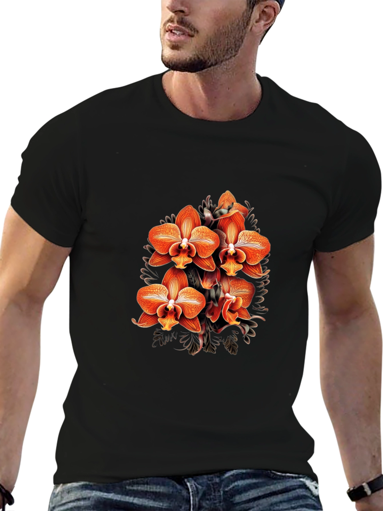 Floral Orchid Graphic Black T-Shirt