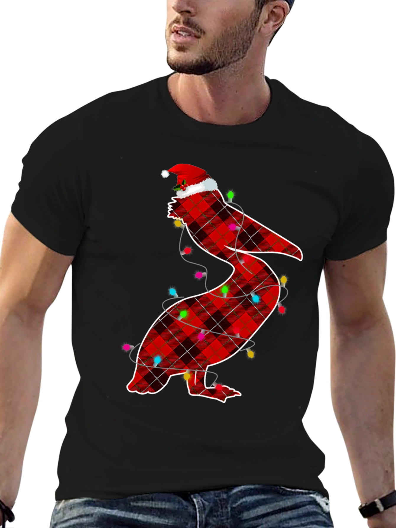 Christmas Pelican Plaid Santa Hat T-Shirt