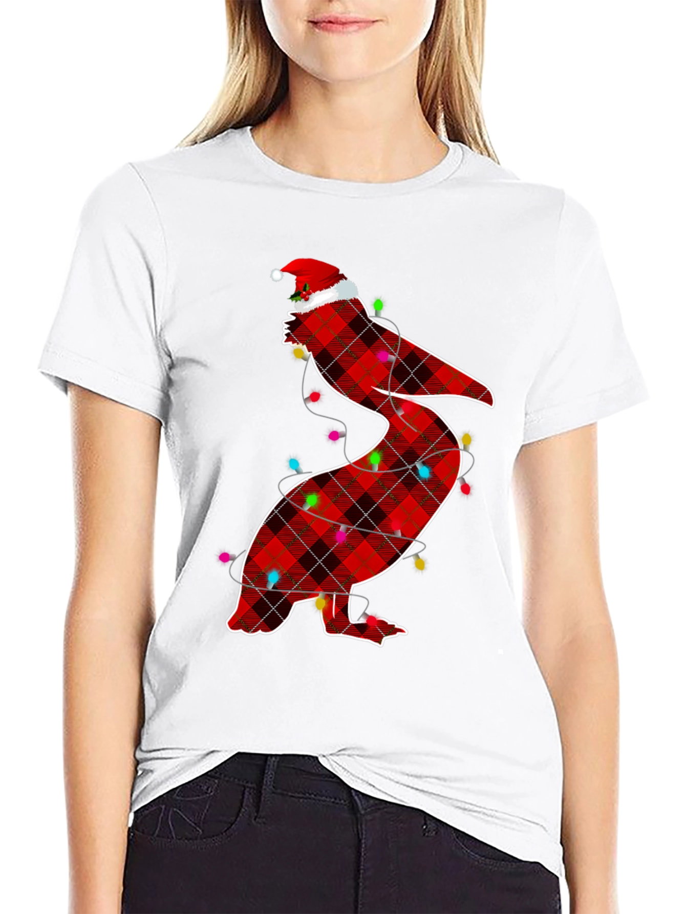 Christmas Pelican Plaid Santa Hat T-Shirt