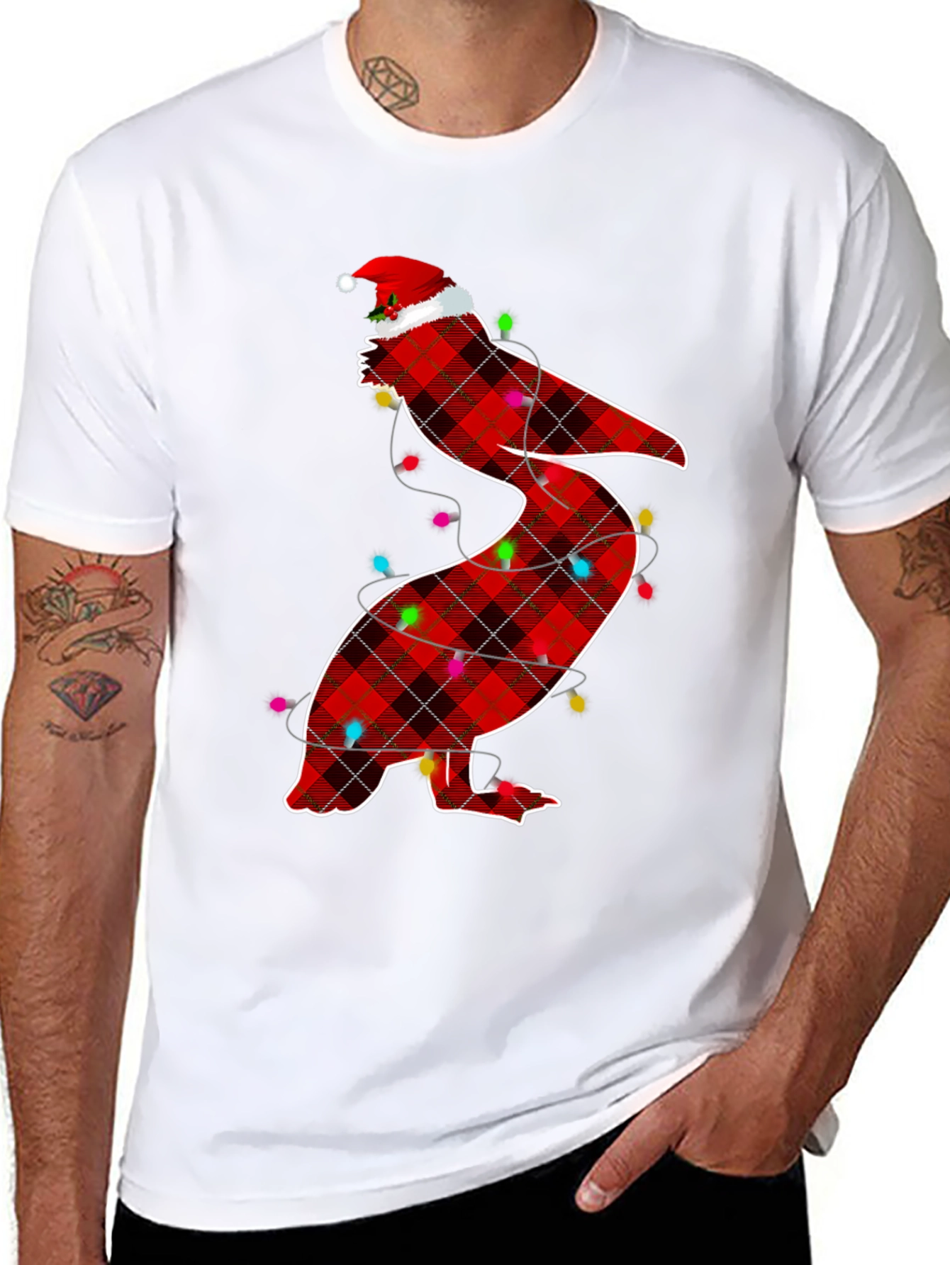 Christmas Pelican Plaid Santa Hat T-Shirt