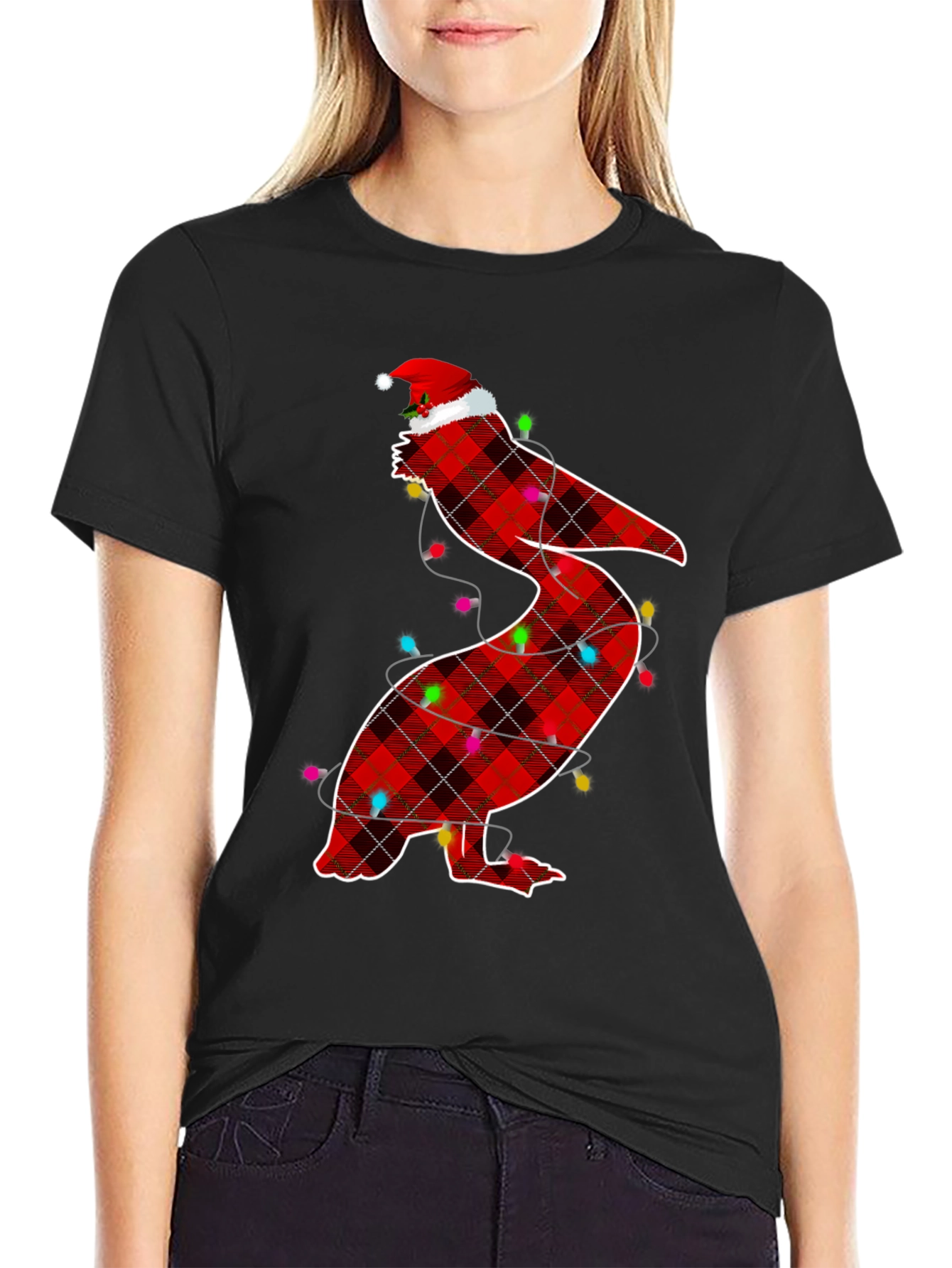 Christmas Pelican Plaid Santa Hat T-Shirt