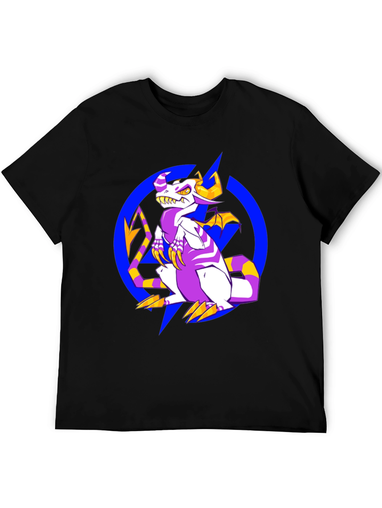 Cartoon Dragon Graphic Tee - Black Crew Neck Shirt