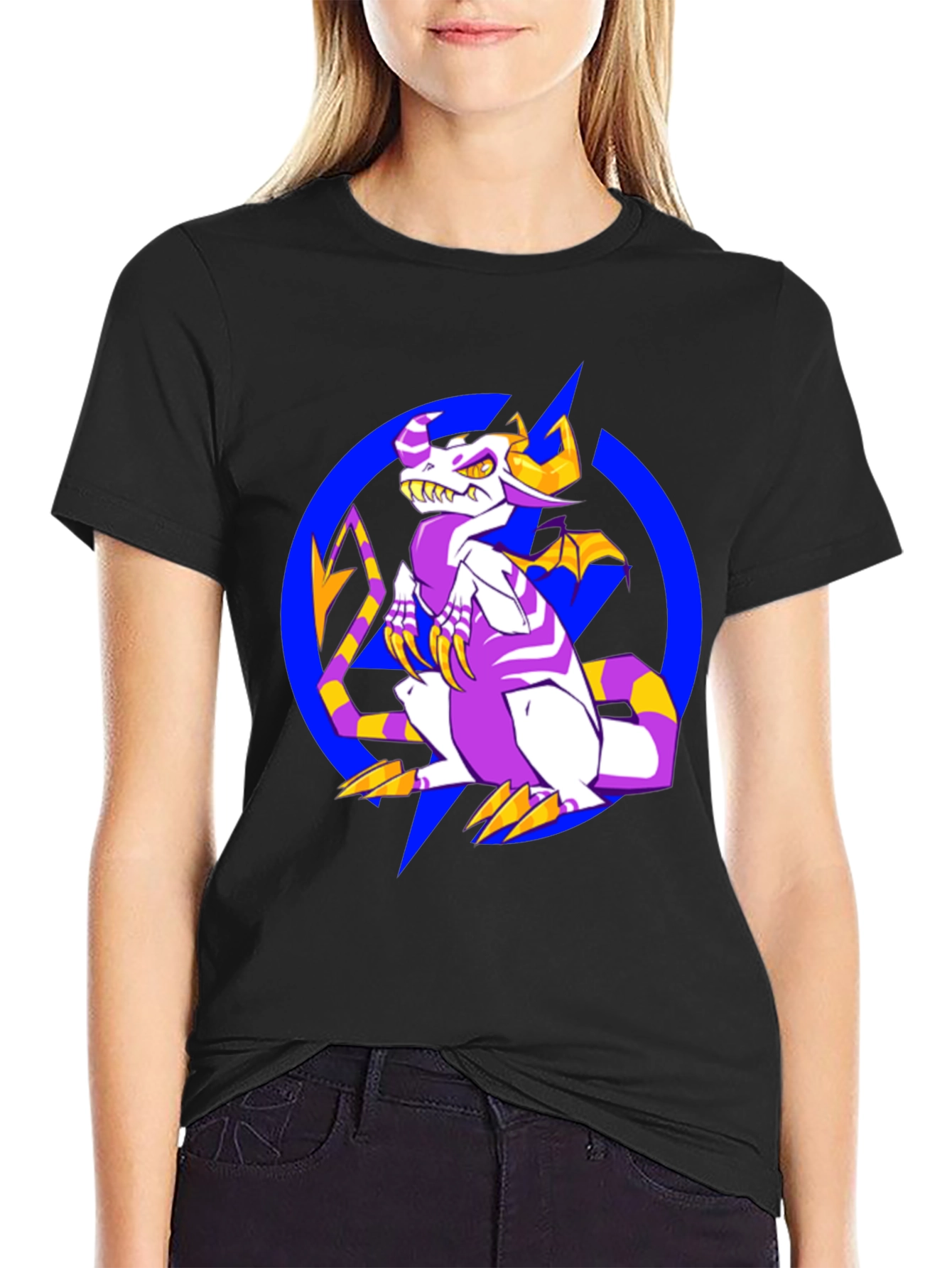 Cartoon Dragon Graphic Tee - Black Crew Neck Shirt