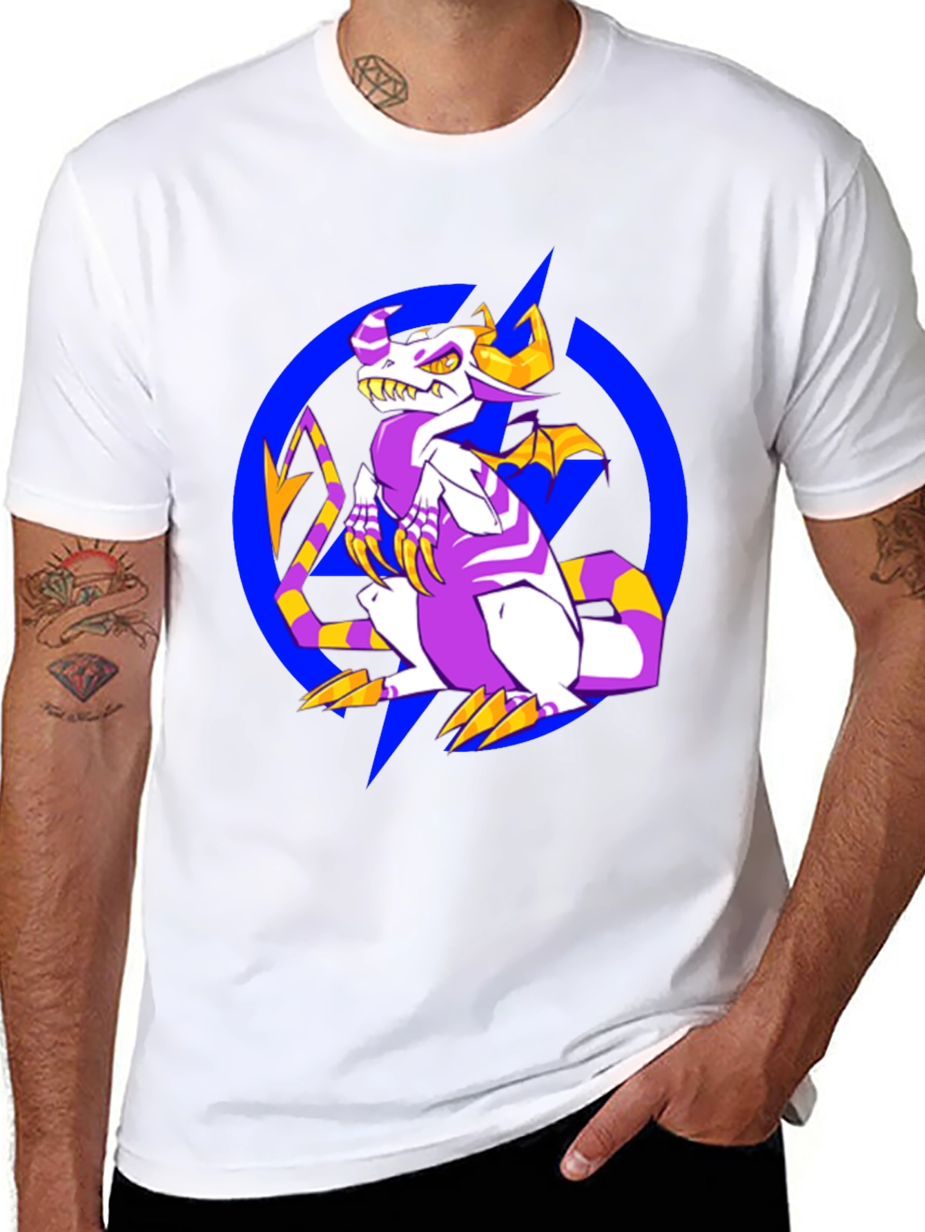 Cartoon Dragon Graphic Tee - Black Crew Neck Shirt