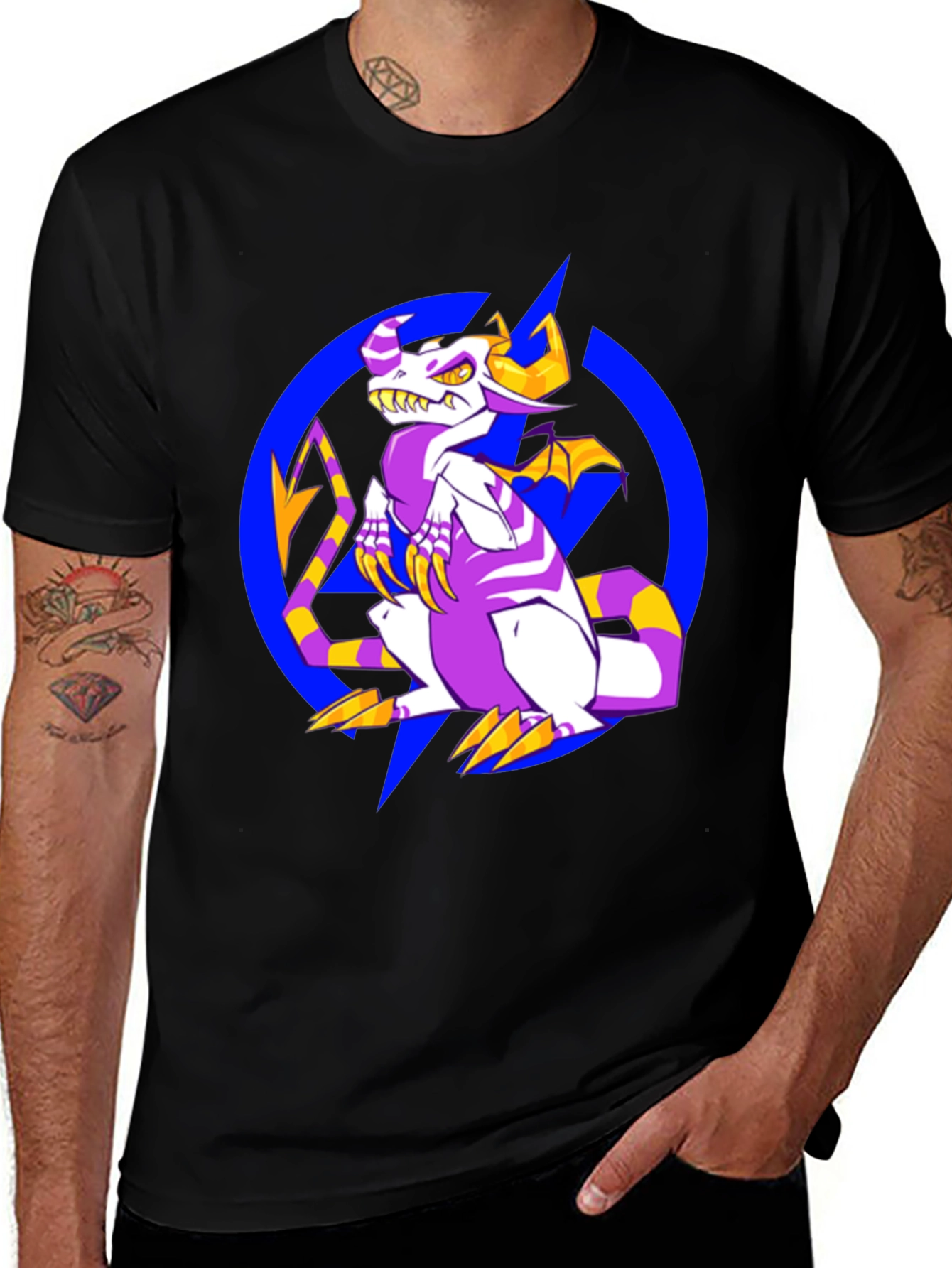 Cartoon Dragon Graphic Tee - Black Crew Neck Shirt