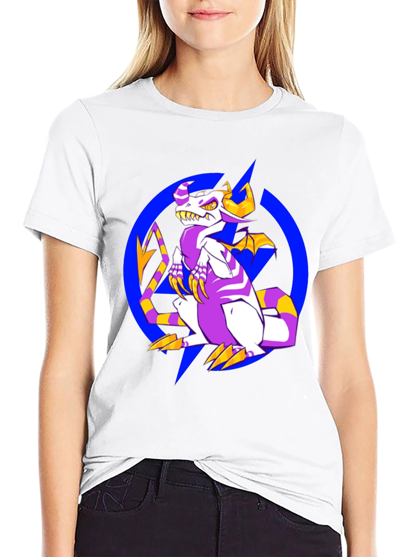 Cartoon Dragon Graphic Tee - Black Crew Neck Shirt