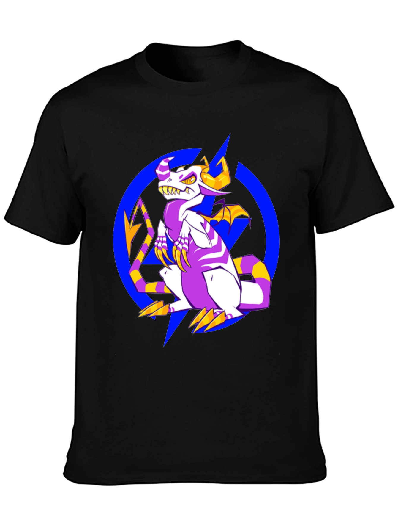 Cartoon Dragon Graphic Tee - Black Crew Neck Shirt