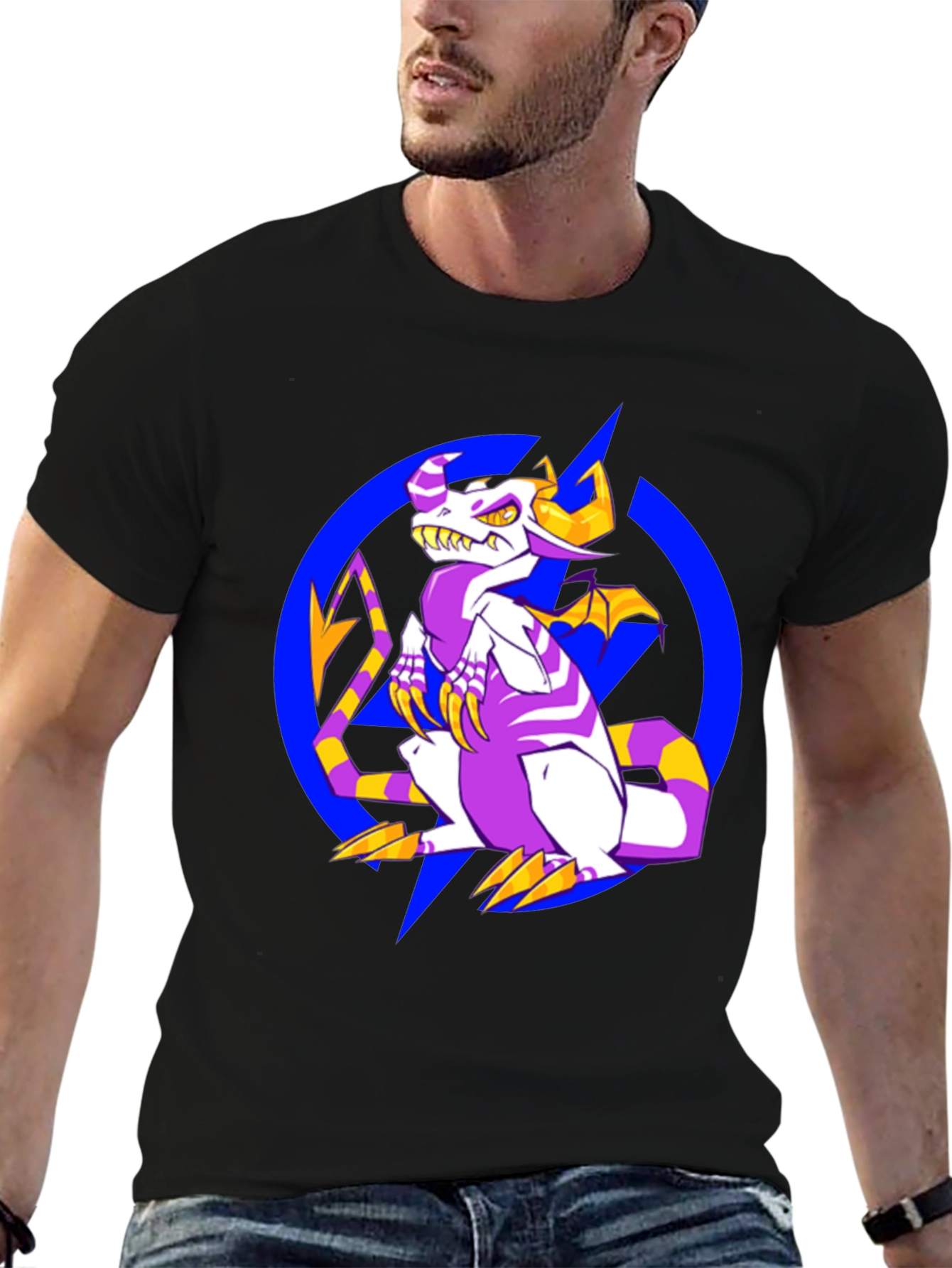 Cartoon Dragon Graphic Tee - Black Crew Neck Shirt