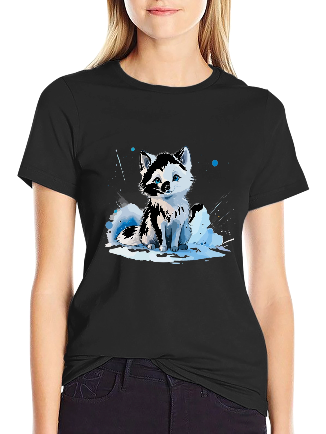 Cute Arctic Fox Graphic Tee - Black