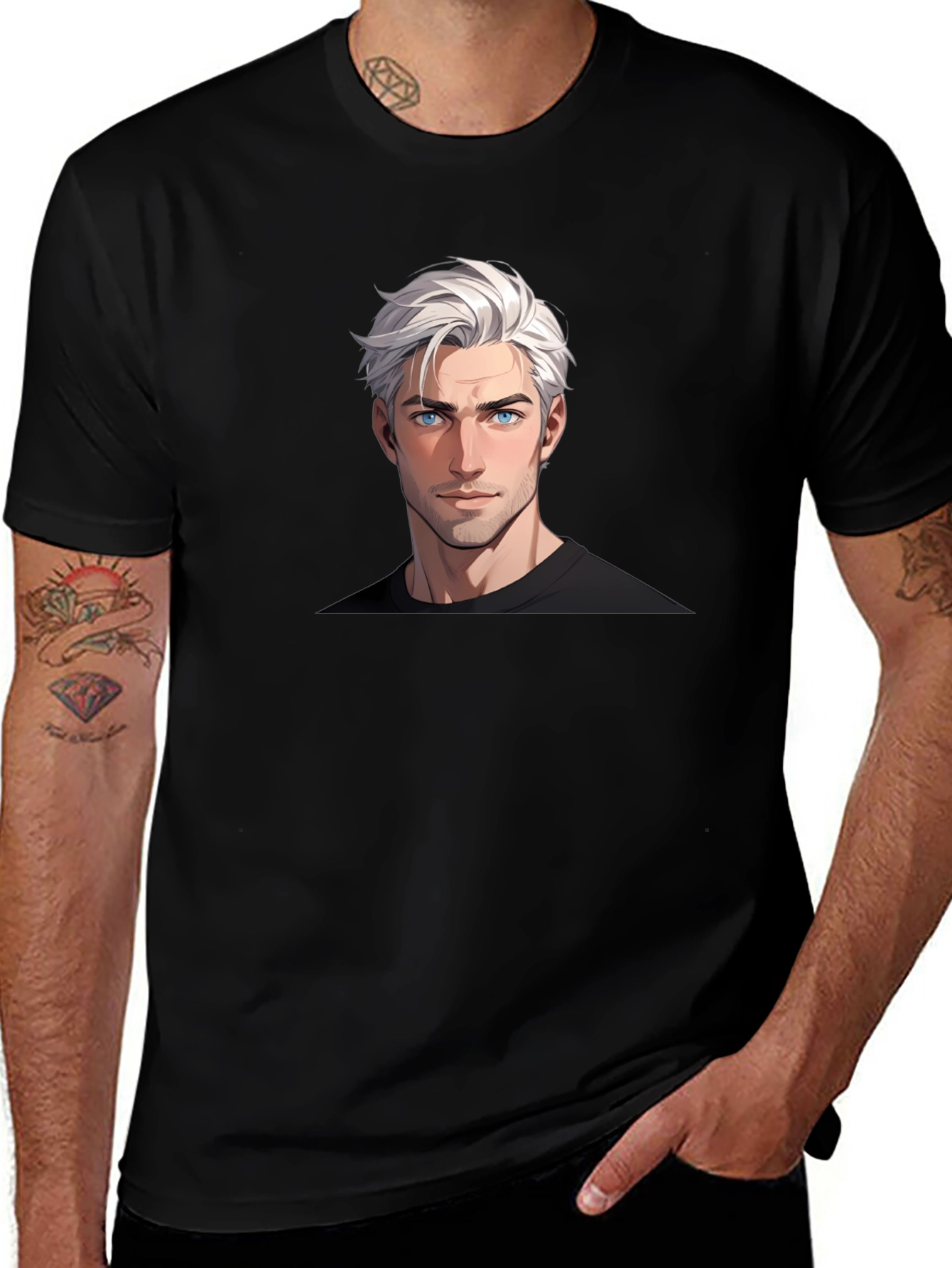 Graphic Tee: Anime Guy Portrait Black T-Shirt