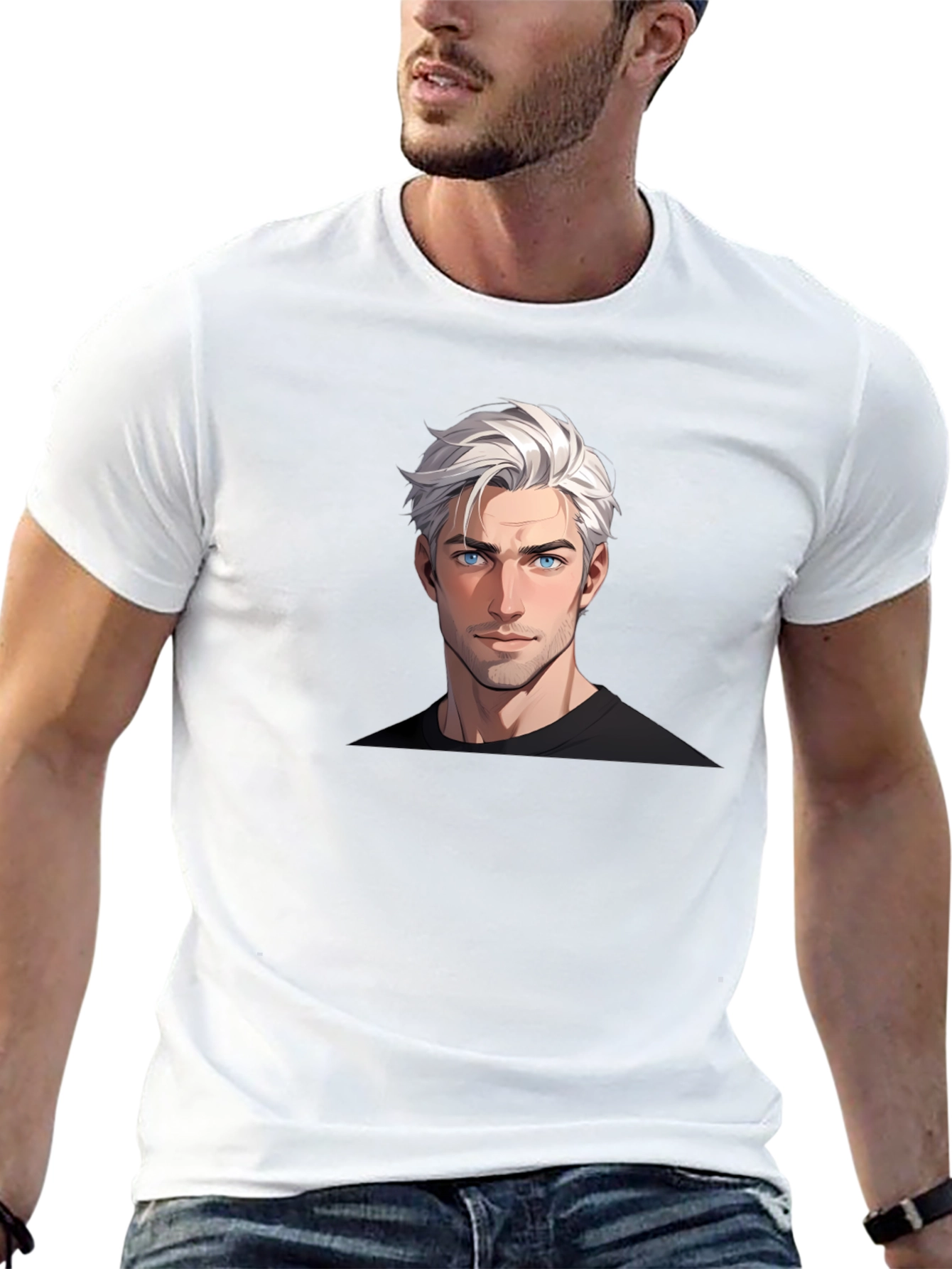 Graphic Tee: Anime Guy Portrait Black T-Shirt