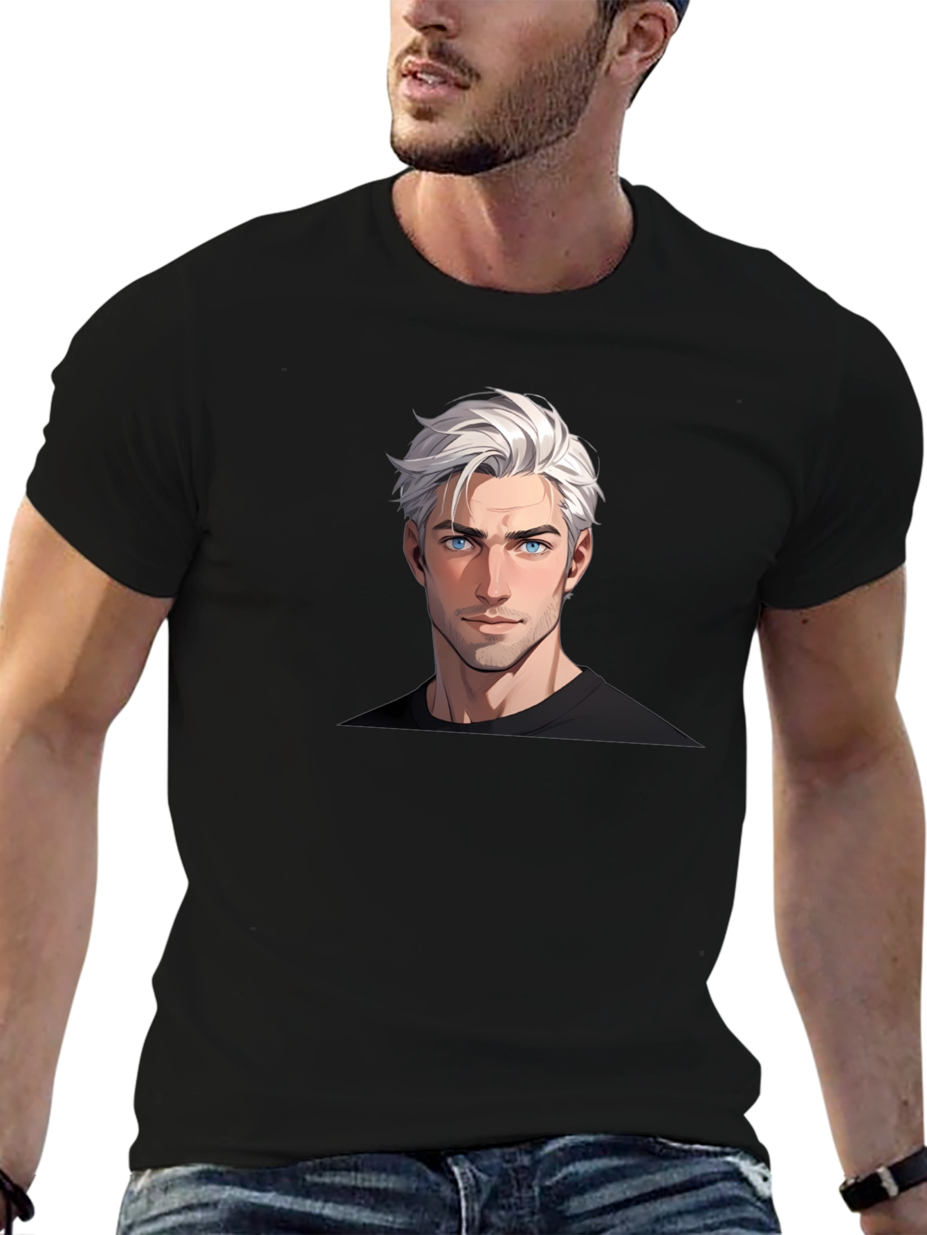 Graphic Tee: Anime Guy Portrait Black T-Shirt