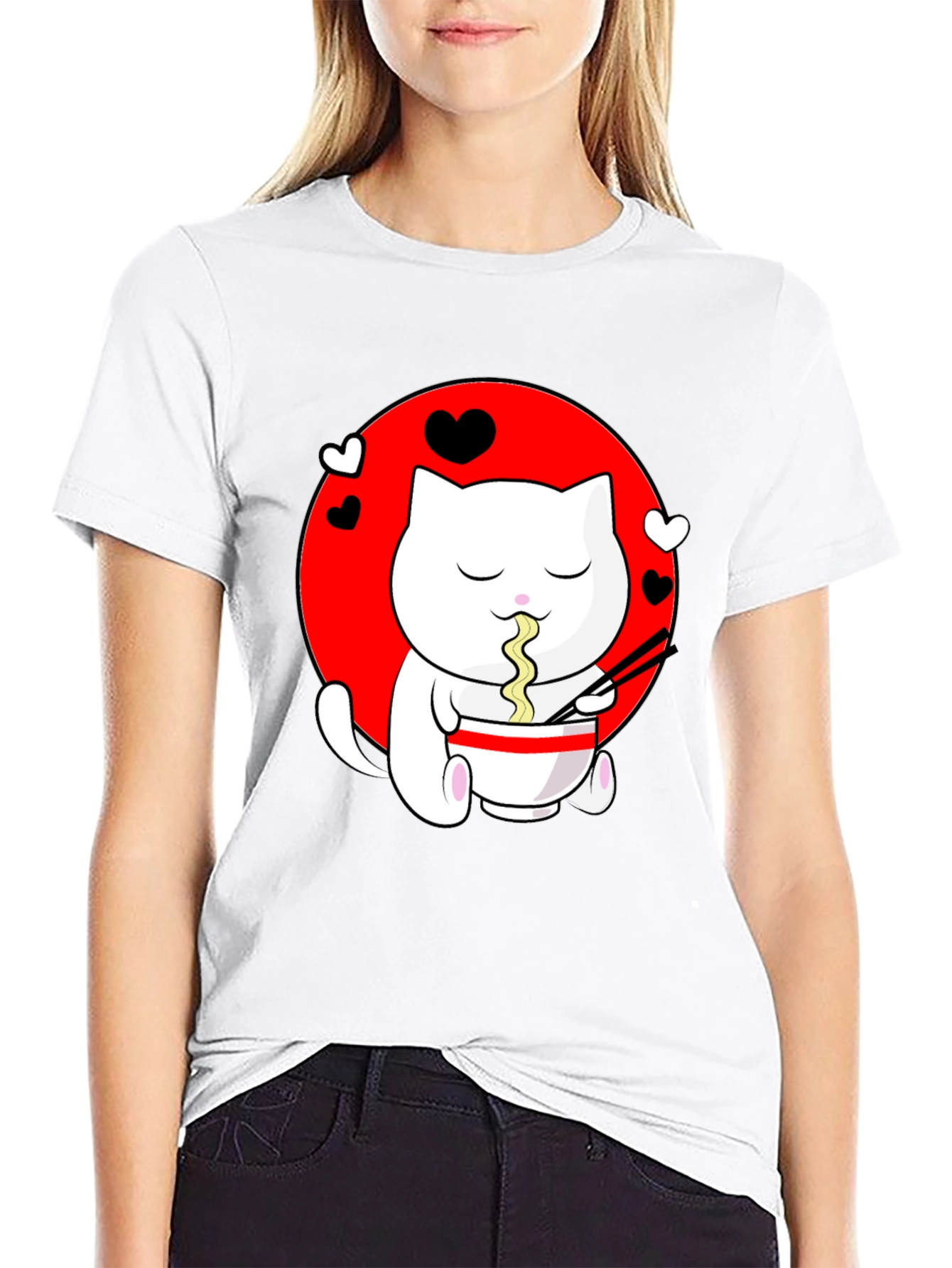 Kawaii Cat Ramen Black T-Shirt