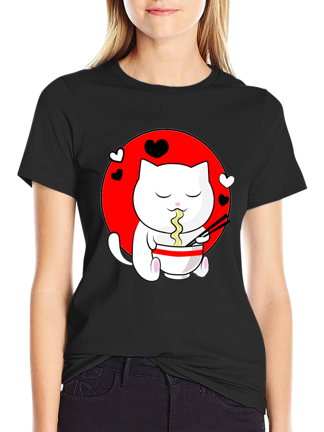 Kawaii Cat Ramen Black T-Shirt
