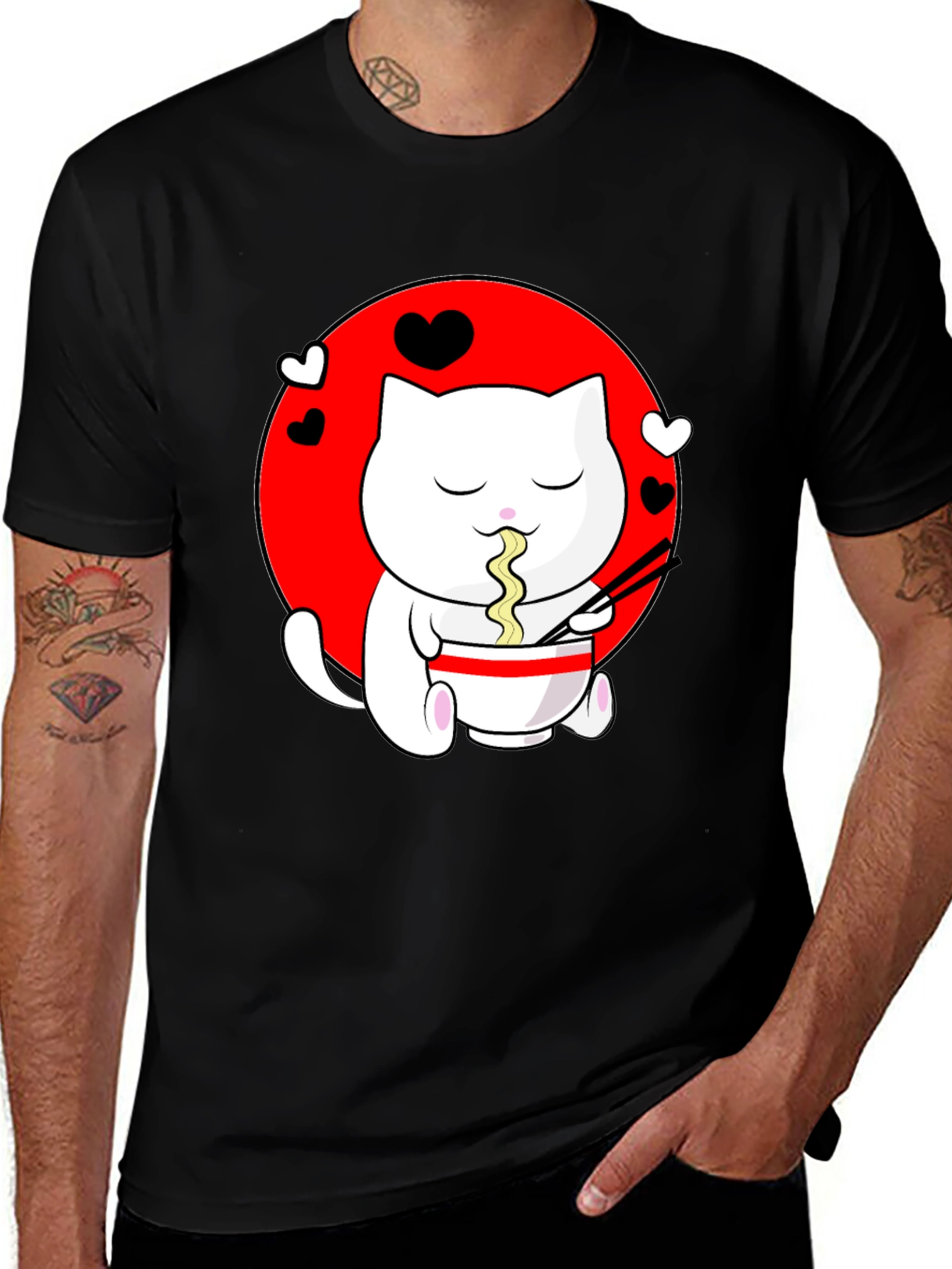 Kawaii Cat Ramen Black T-Shirt