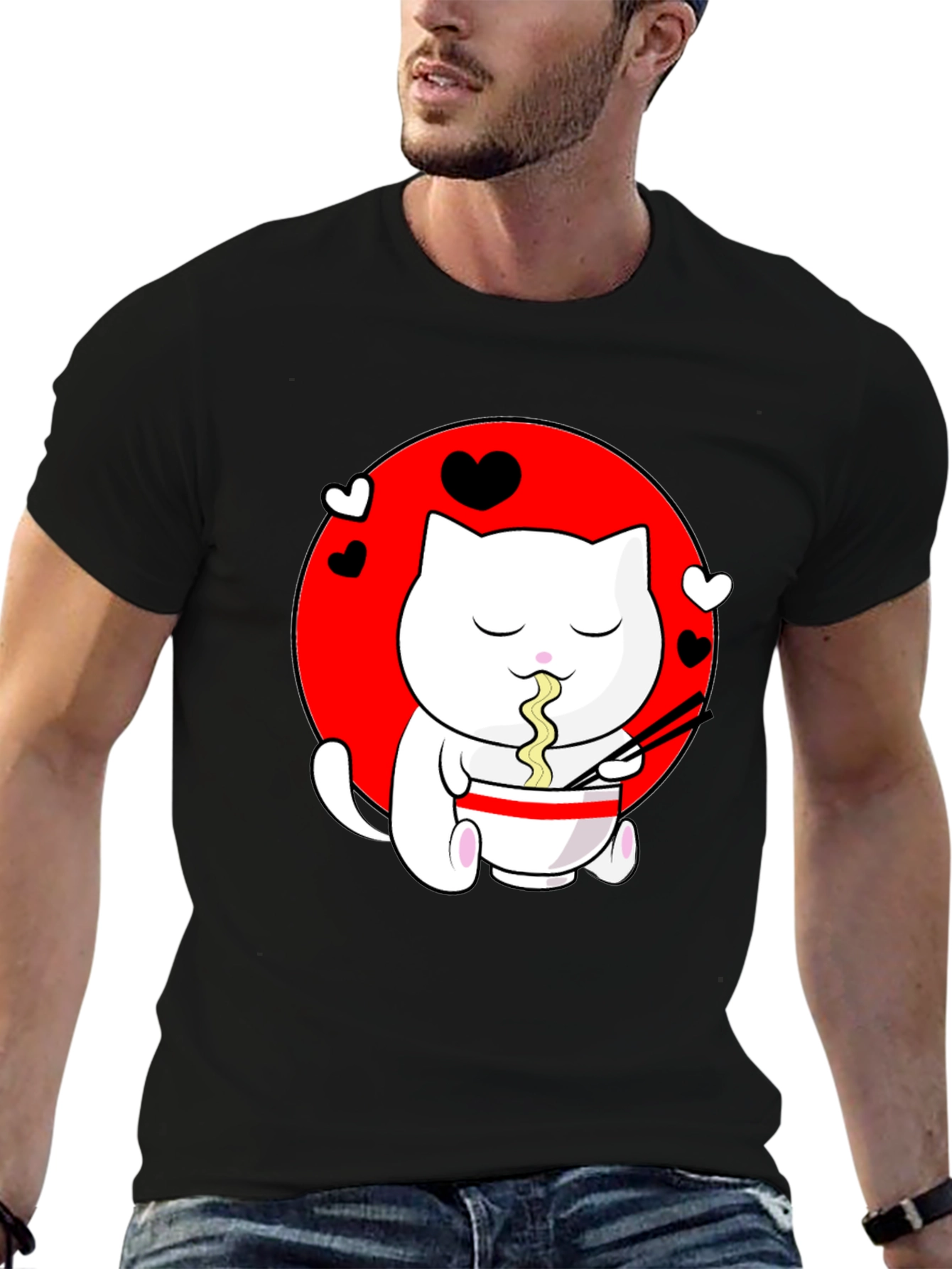 Kawaii Cat Ramen Black T-Shirt