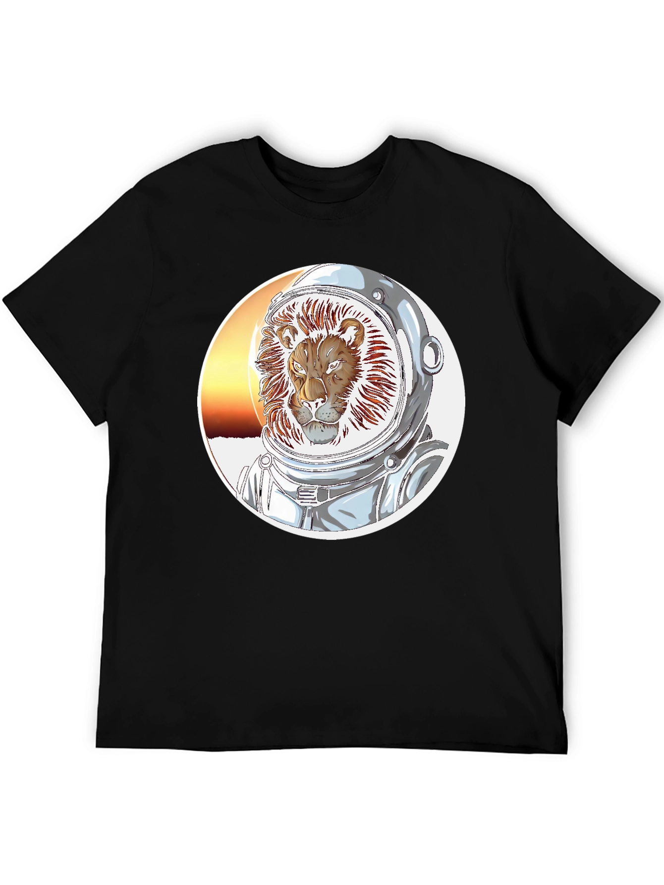 Lion Astronaut Graphic Print Black T-Shirt