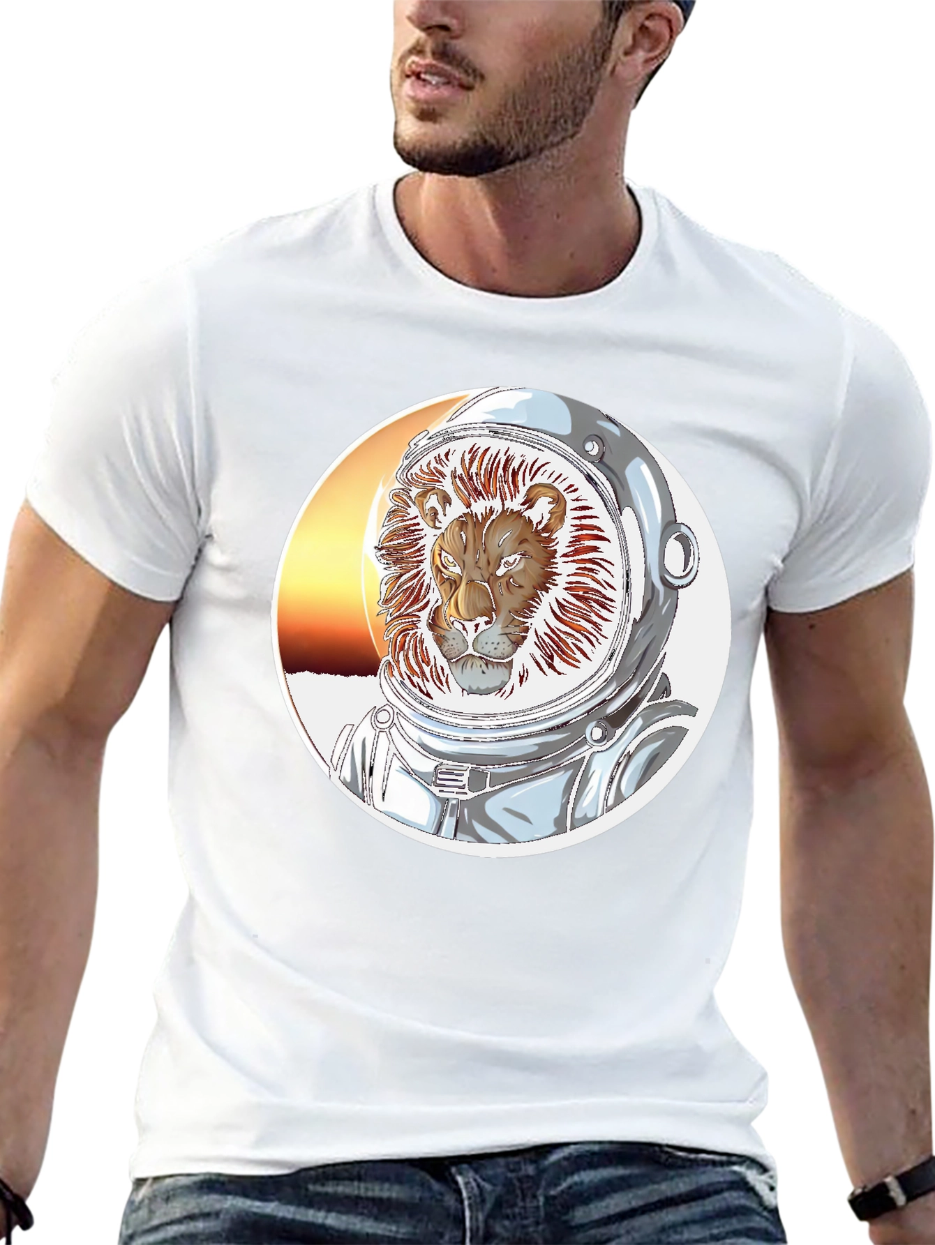 Lion Astronaut Graphic Print Black T-Shirt