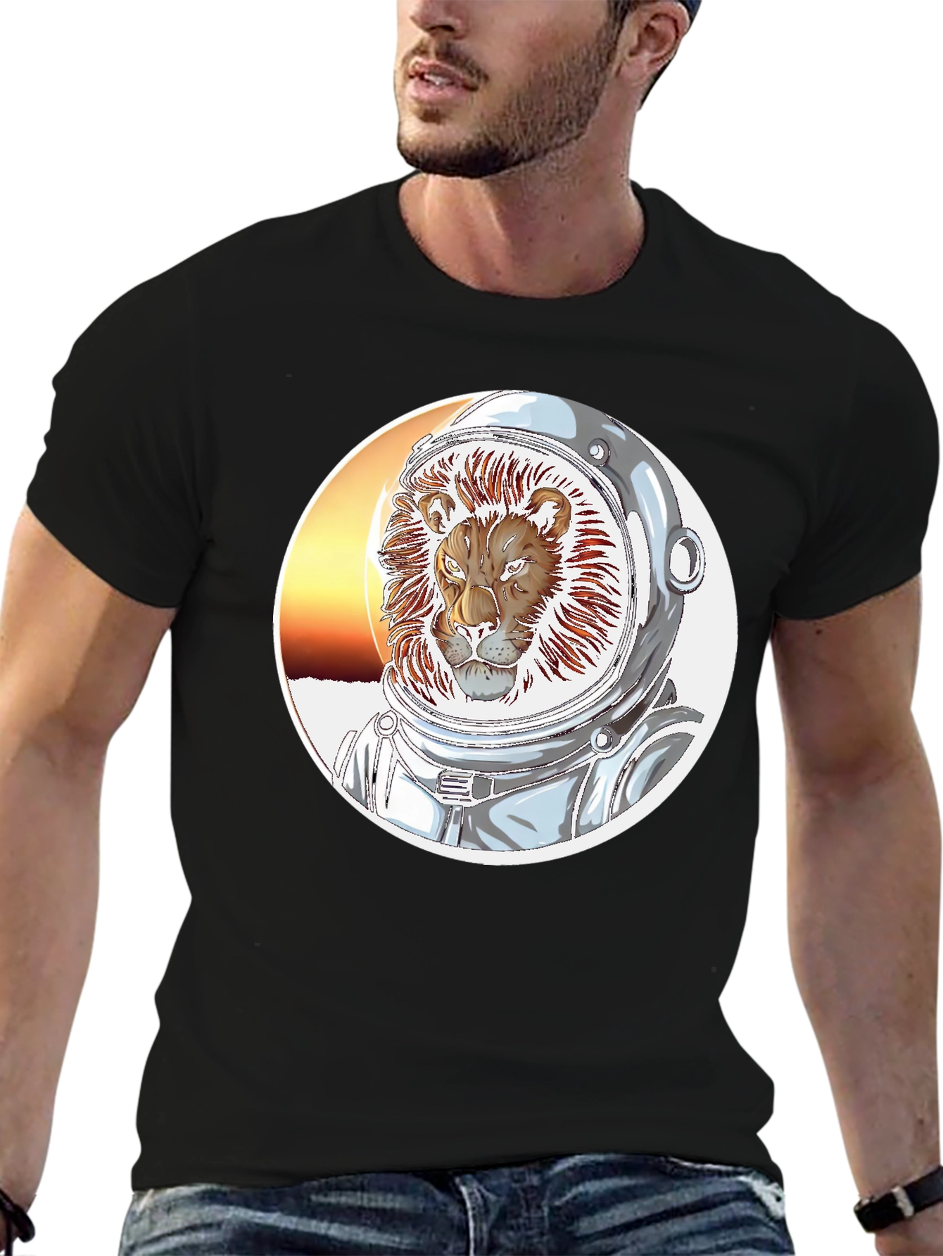 Lion Astronaut Graphic Print Black T-Shirt