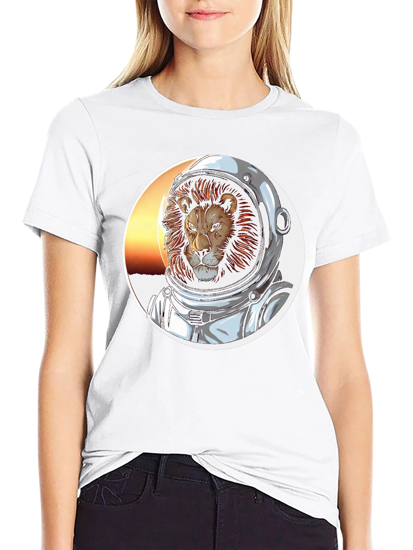 Lion Astronaut Graphic Print Black T-Shirt