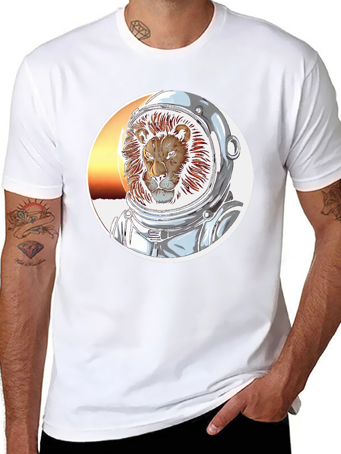 Lion Astronaut Graphic Print Black T-Shirt
