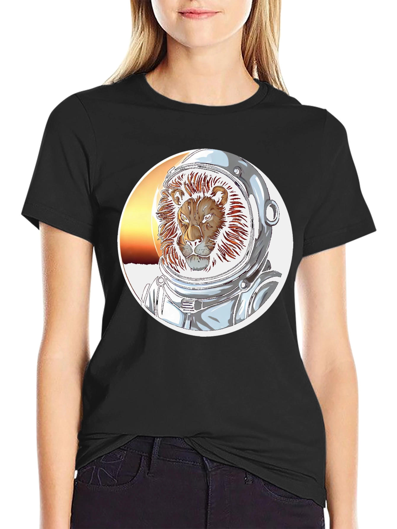 Lion Astronaut Graphic Print Black T-Shirt