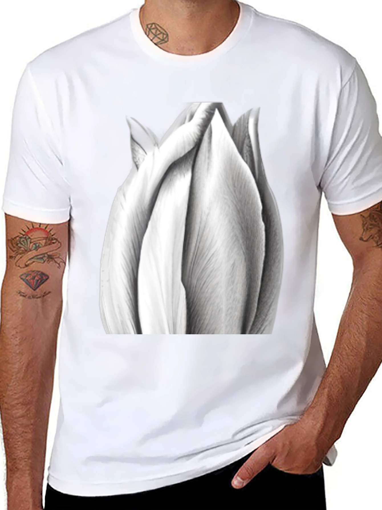 Monochrome Tulip Tee - Artistic Flower Graphic