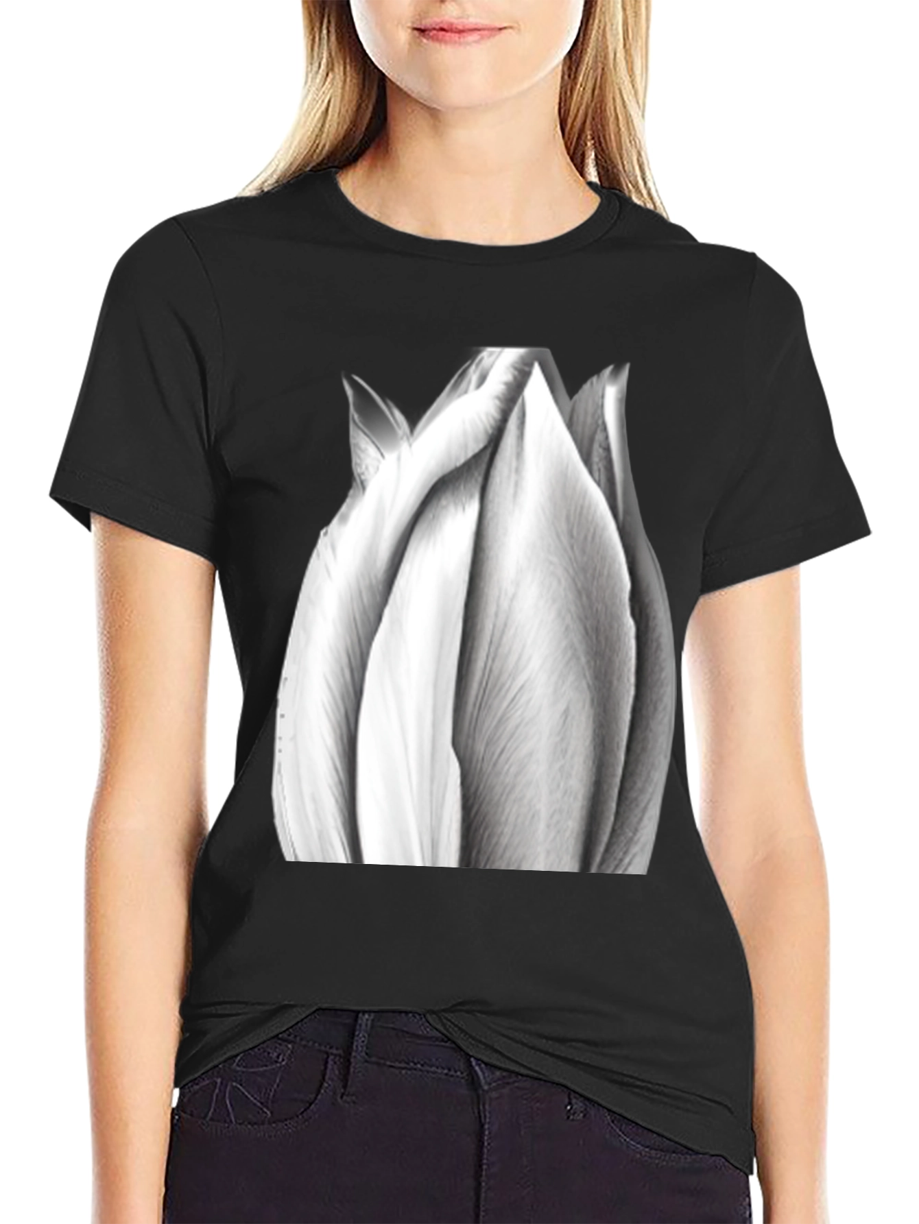 Monochrome Tulip Tee - Artistic Flower Graphic