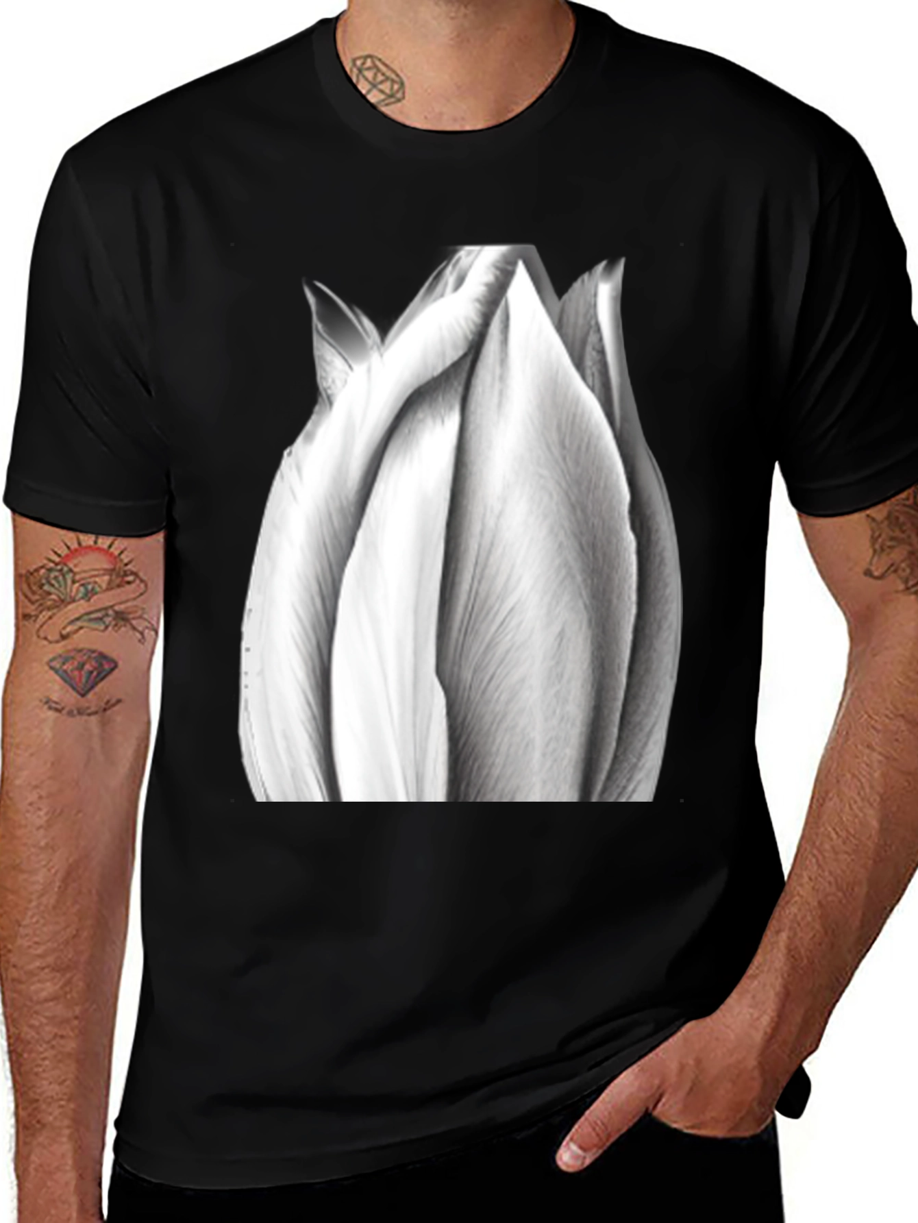 Monochrome Tulip Tee - Artistic Flower Graphic