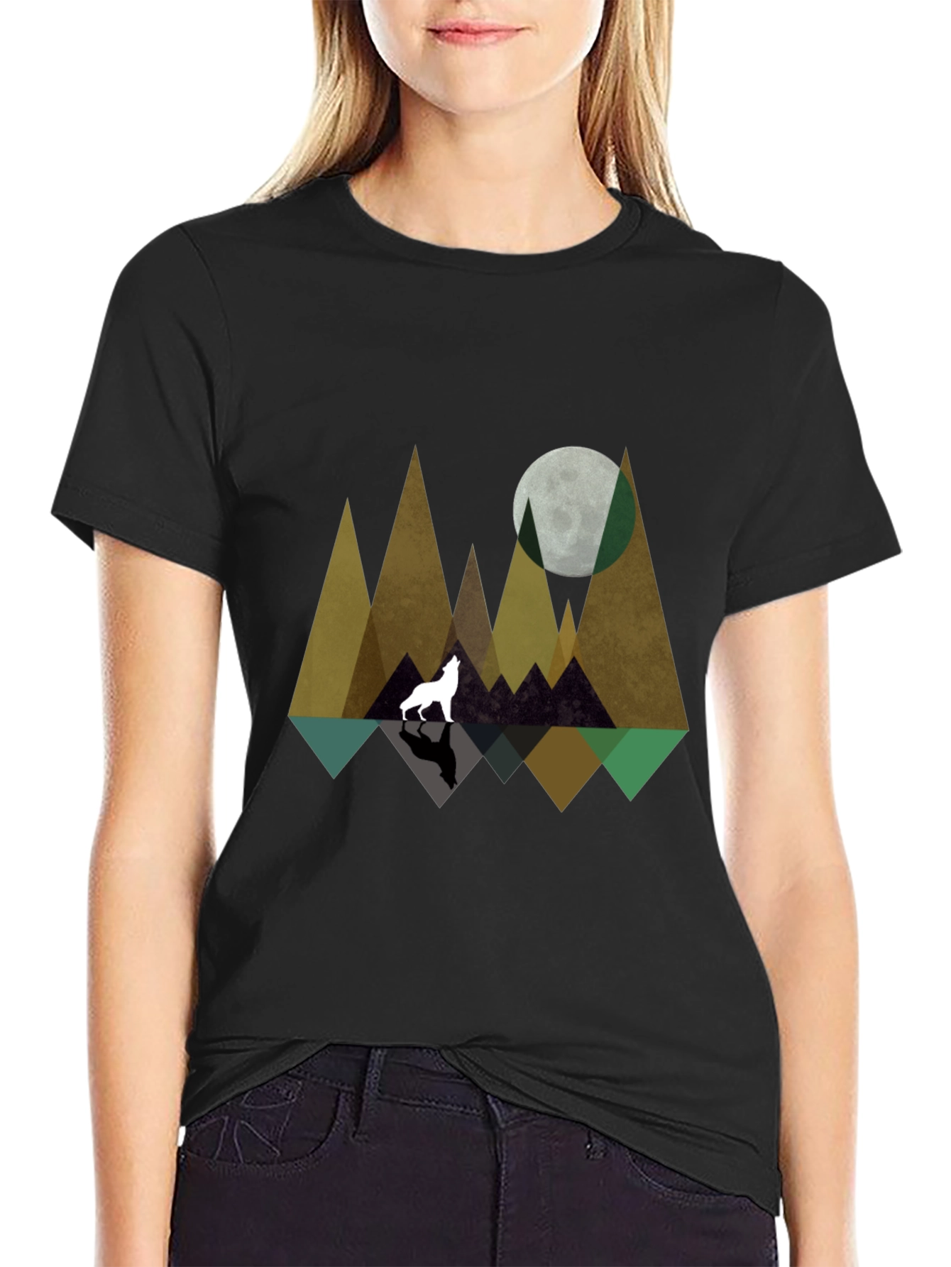 Geometric Wolf & Moon Graphic Tee - Black