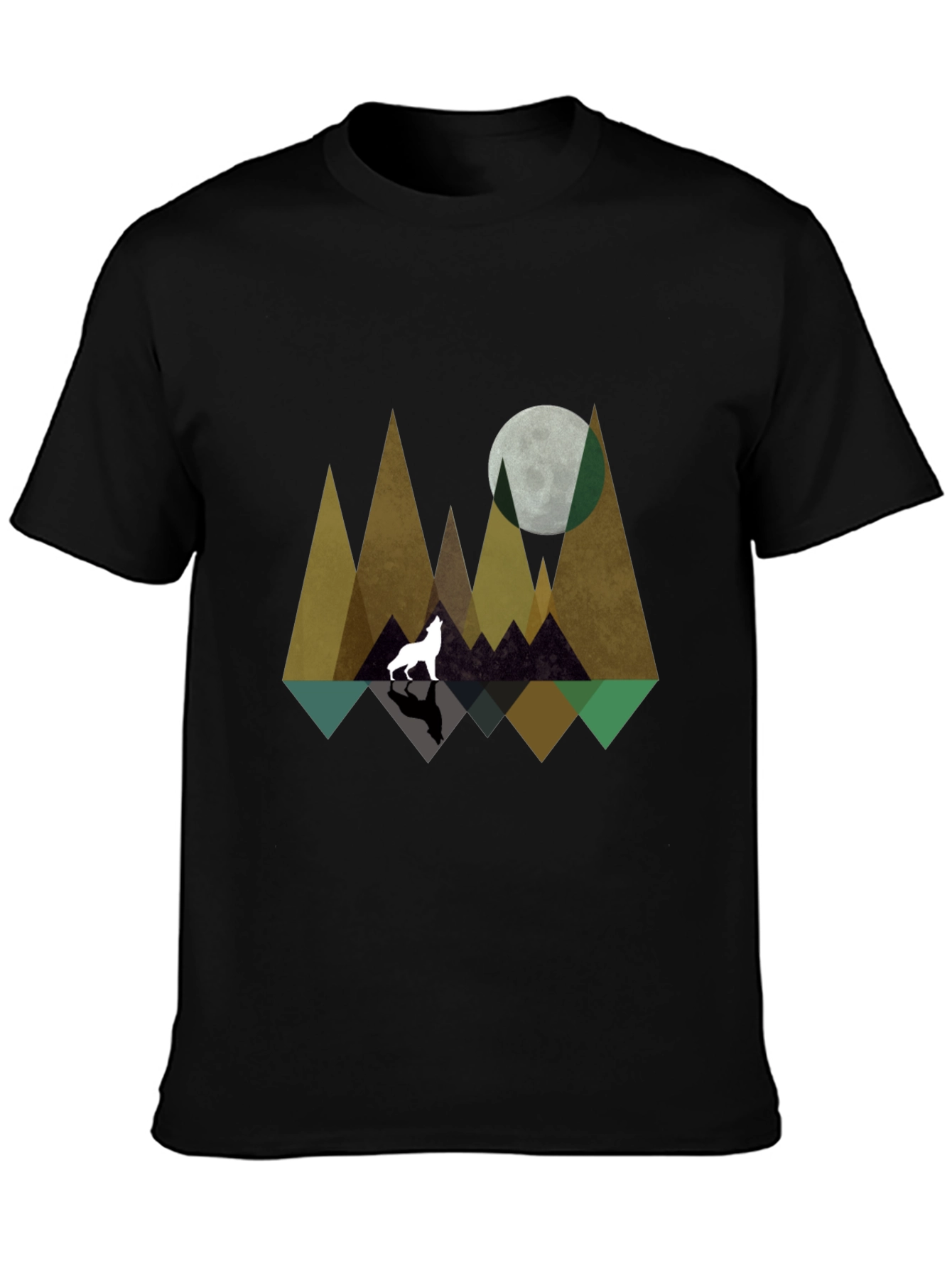 Geometric Wolf & Moon Graphic Tee - Black