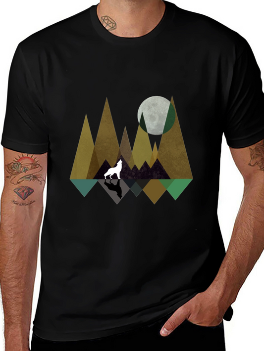 Geometric Wolf & Moon Graphic Tee - Black