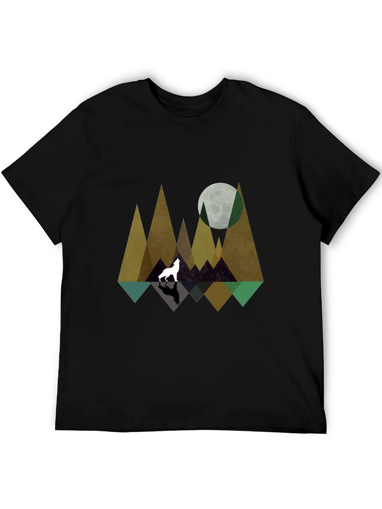 Geometric Wolf & Moon Graphic Tee - Black