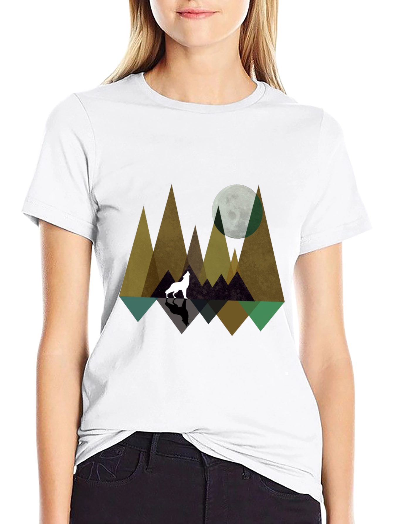 Geometric Wolf & Moon Graphic Tee - Black