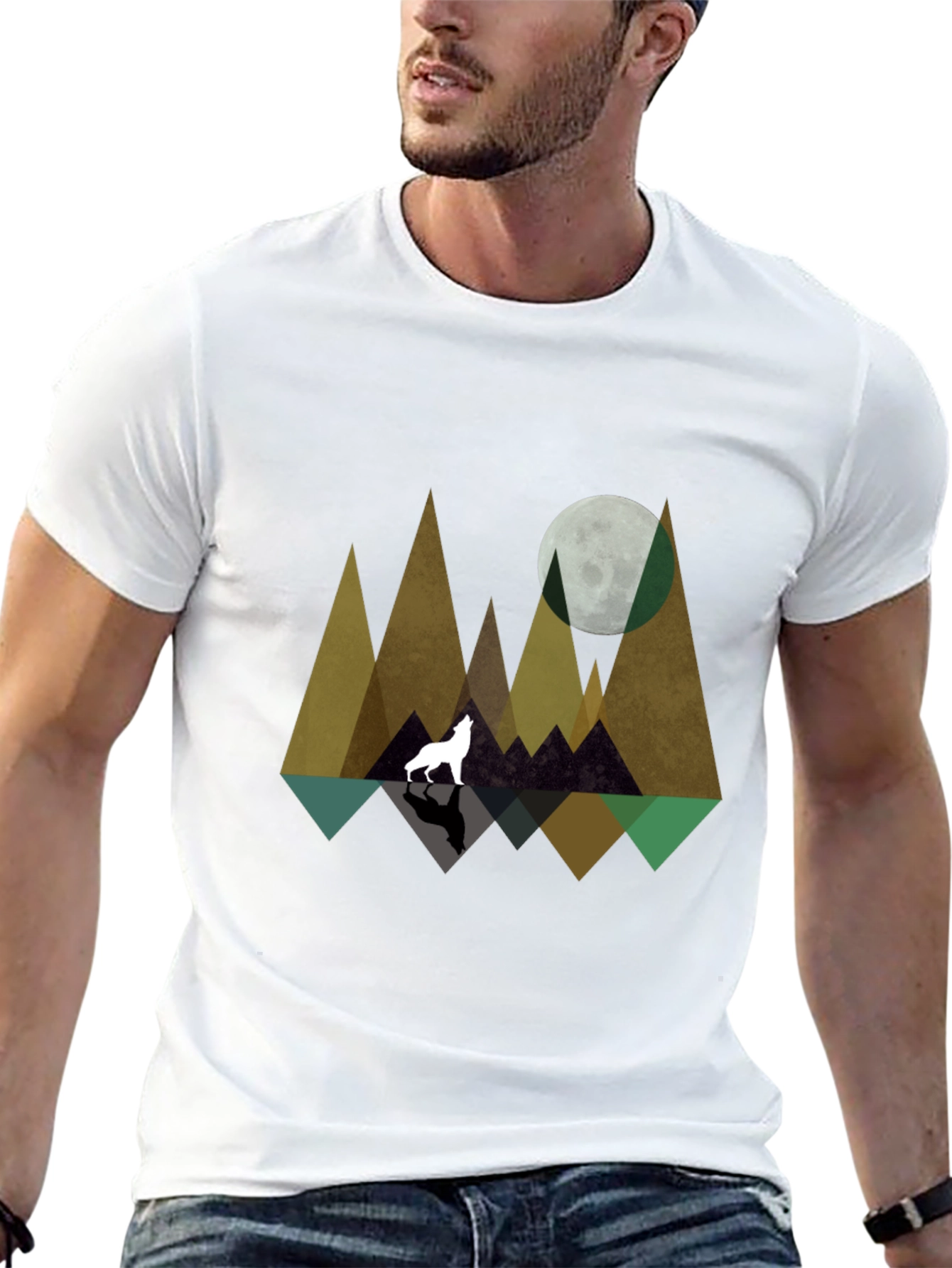 Geometric Wolf & Moon Graphic Tee - Black
