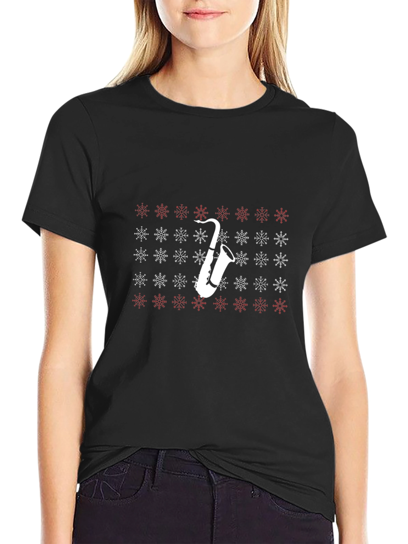 Saxophone Snowflake Pattern Black T-Shirt