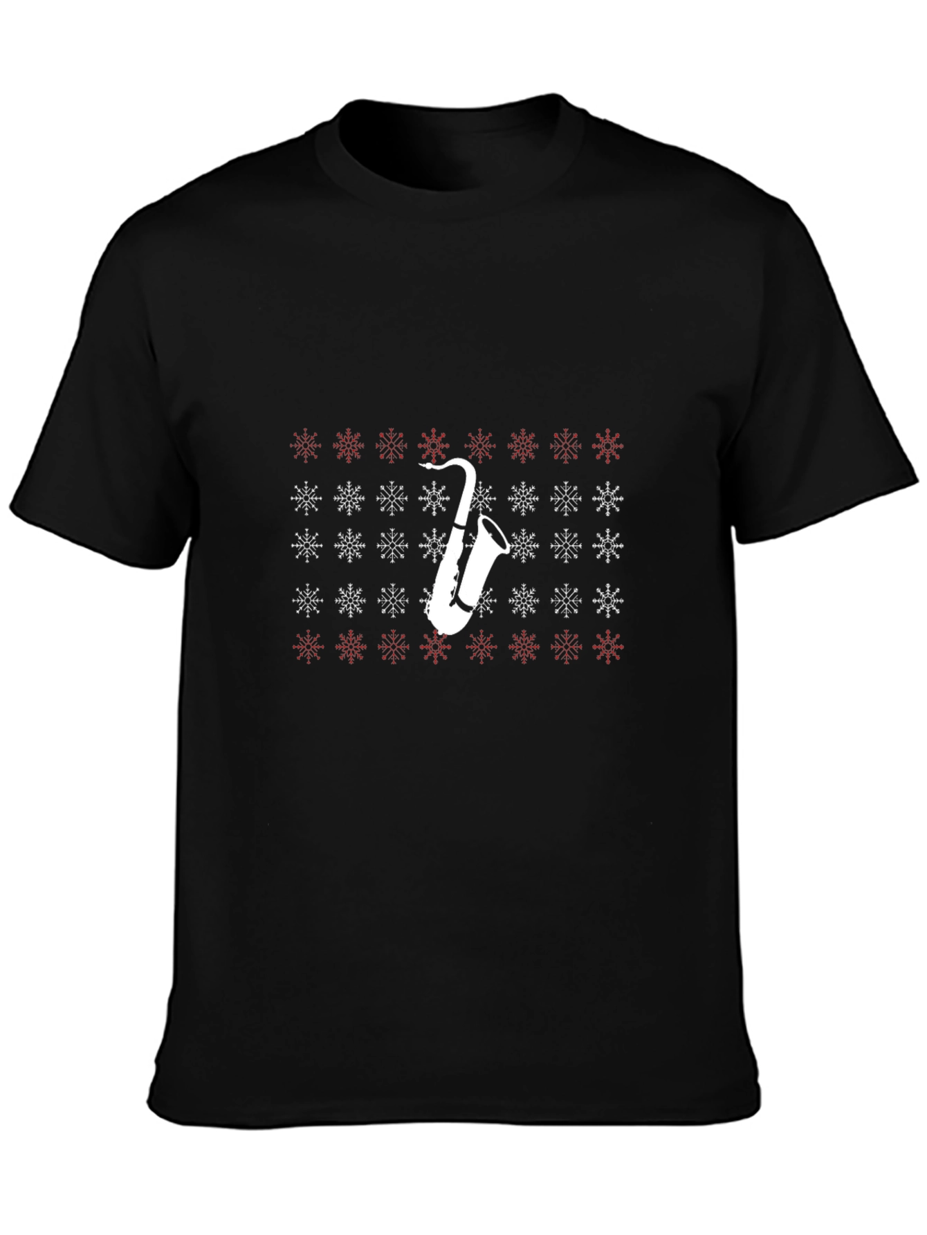 Saxophone Snowflake Pattern Black T-Shirt